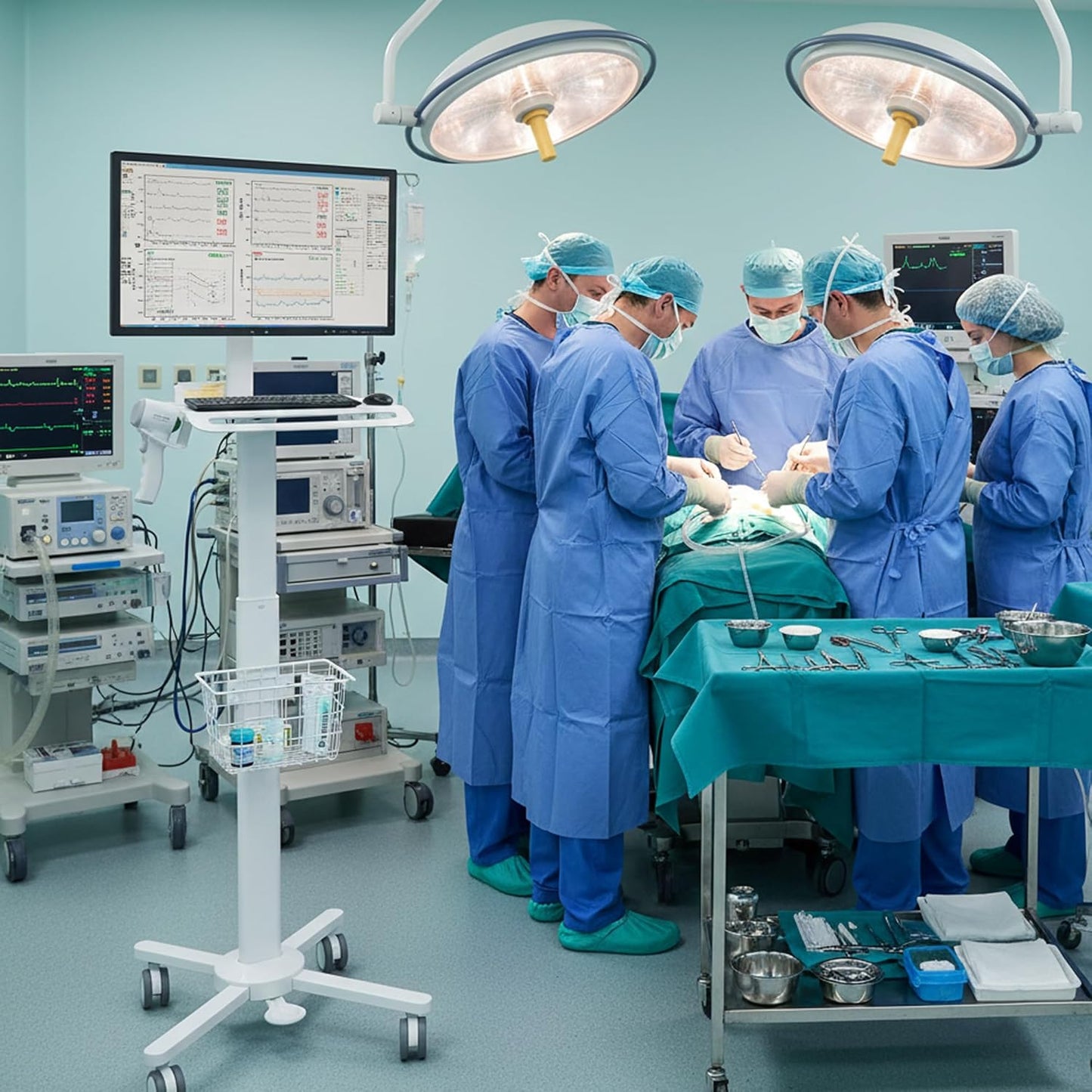 Lightweight Medical Trolley Cart for 17' to 32' Monitor w/ Keyboard Table, Basket, Scanner Holder