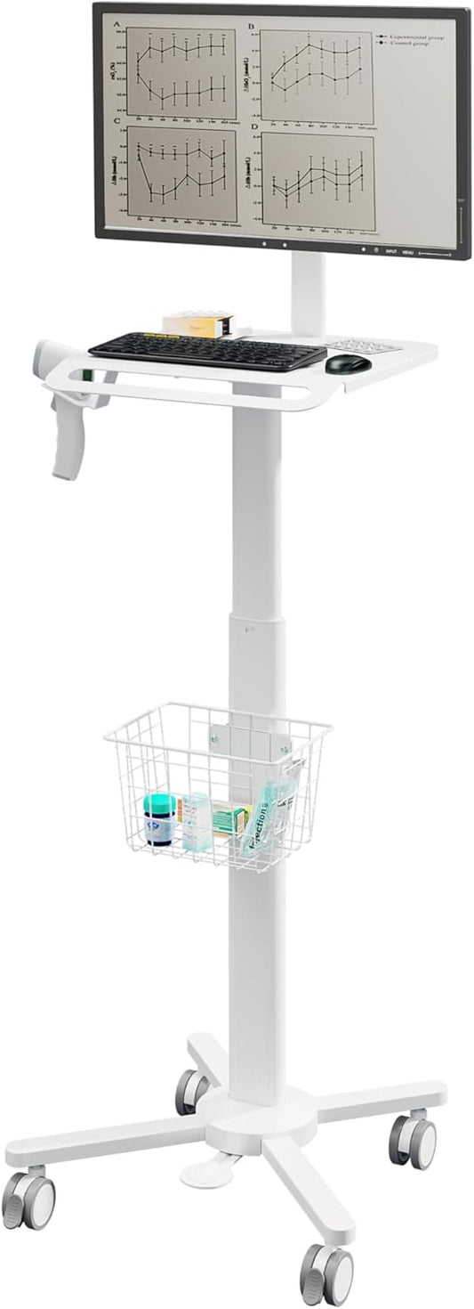 Lightweight Medical Trolley Cart for 17' to 32' Monitor w/ Keyboard Table, Basket, Scanner Holder
