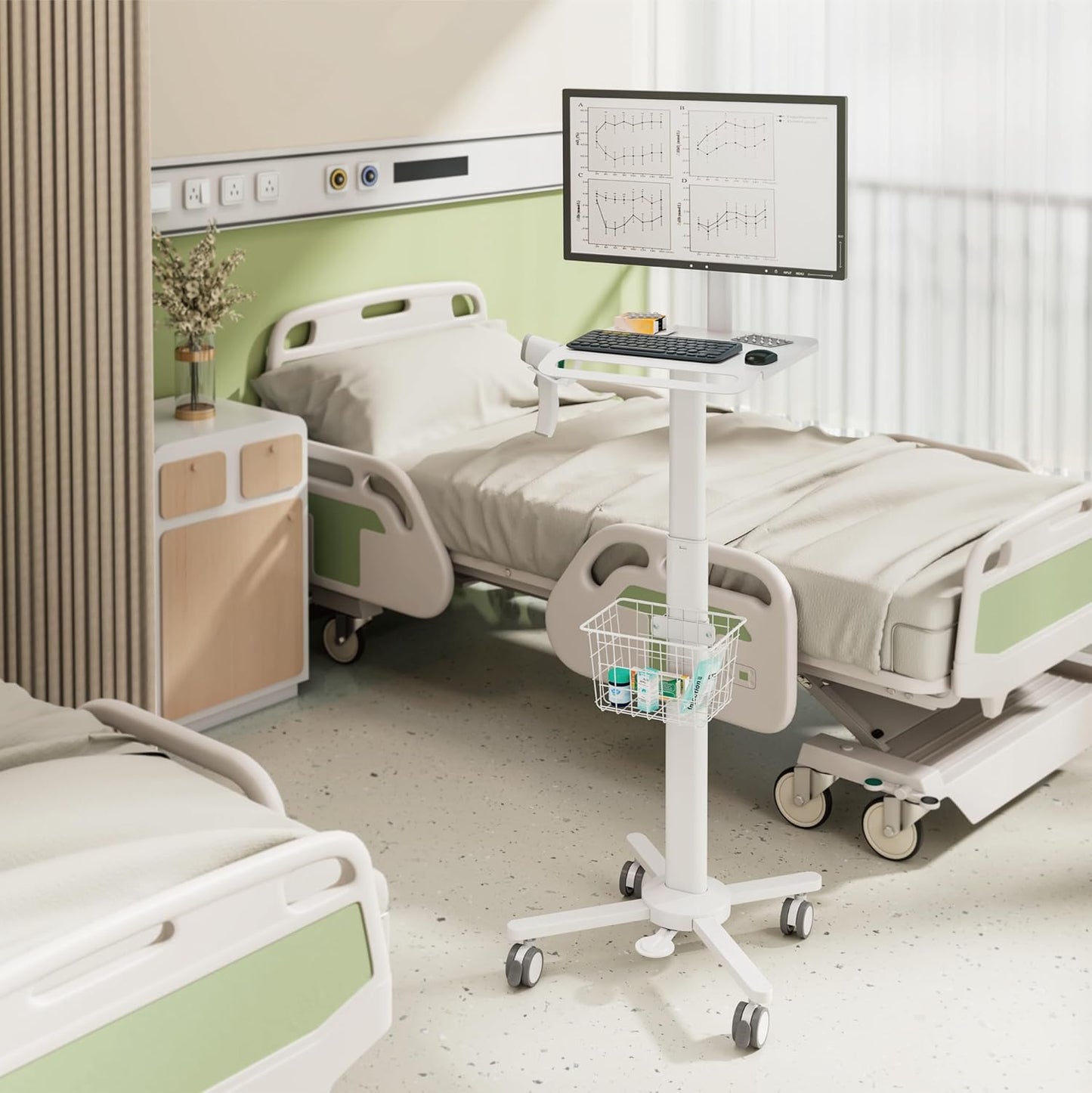Lightweight Medical Trolley Cart for 17' to 32' Monitor w/ Keyboard Table, Basket, Scanner Holder