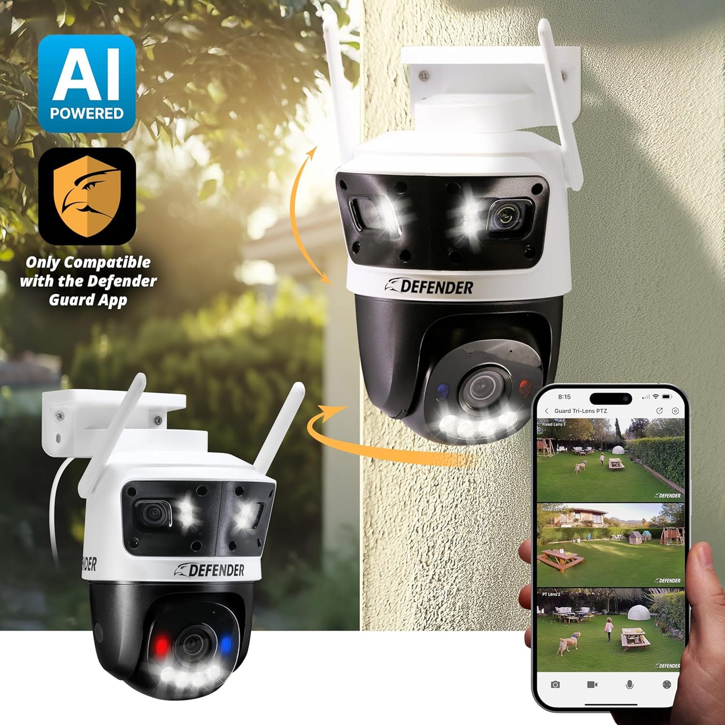 AI Powered 3K+ Guard WiFi Tri-Lens PTZ Plug-in Power Outdoor Security Camera, 3-in-1 360°Smart View Camera