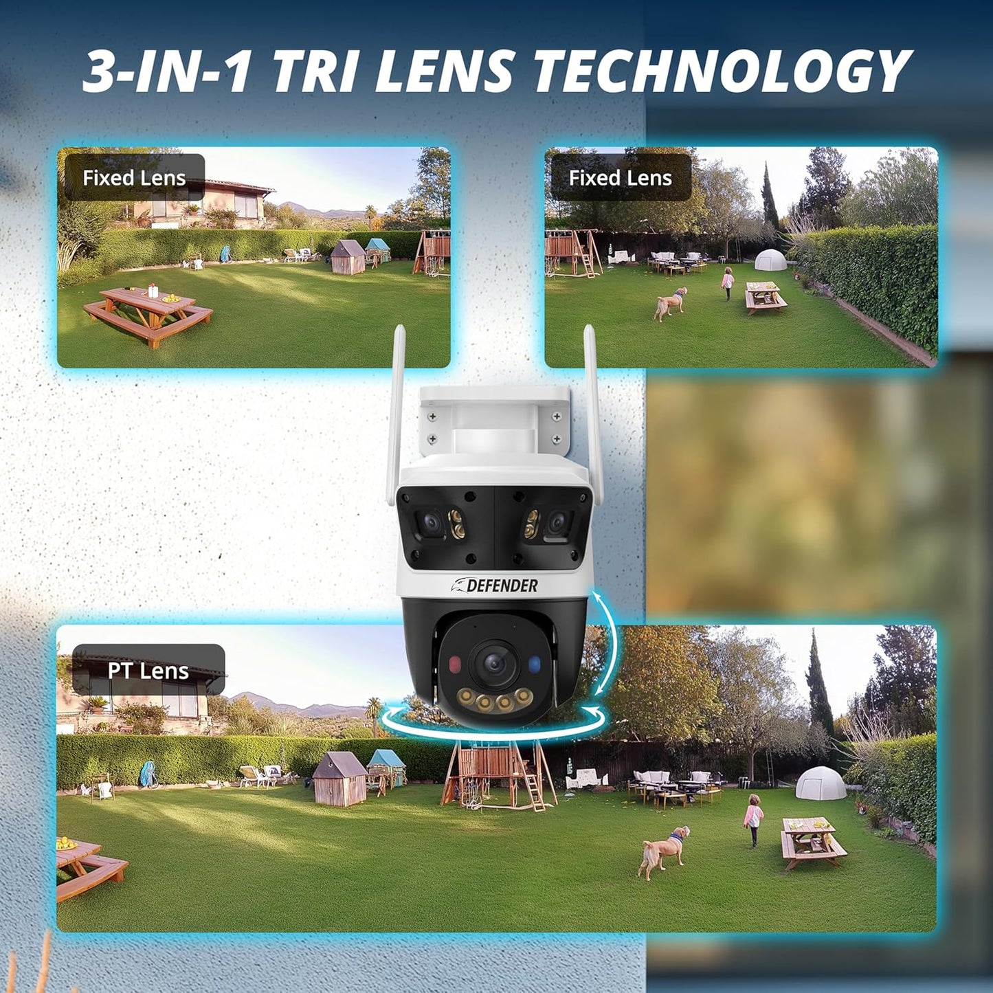 AI Powered 3K+ Guard WiFi Tri-Lens PTZ Plug-in Power Outdoor Security Camera, 3-in-1 360°Smart View Camera