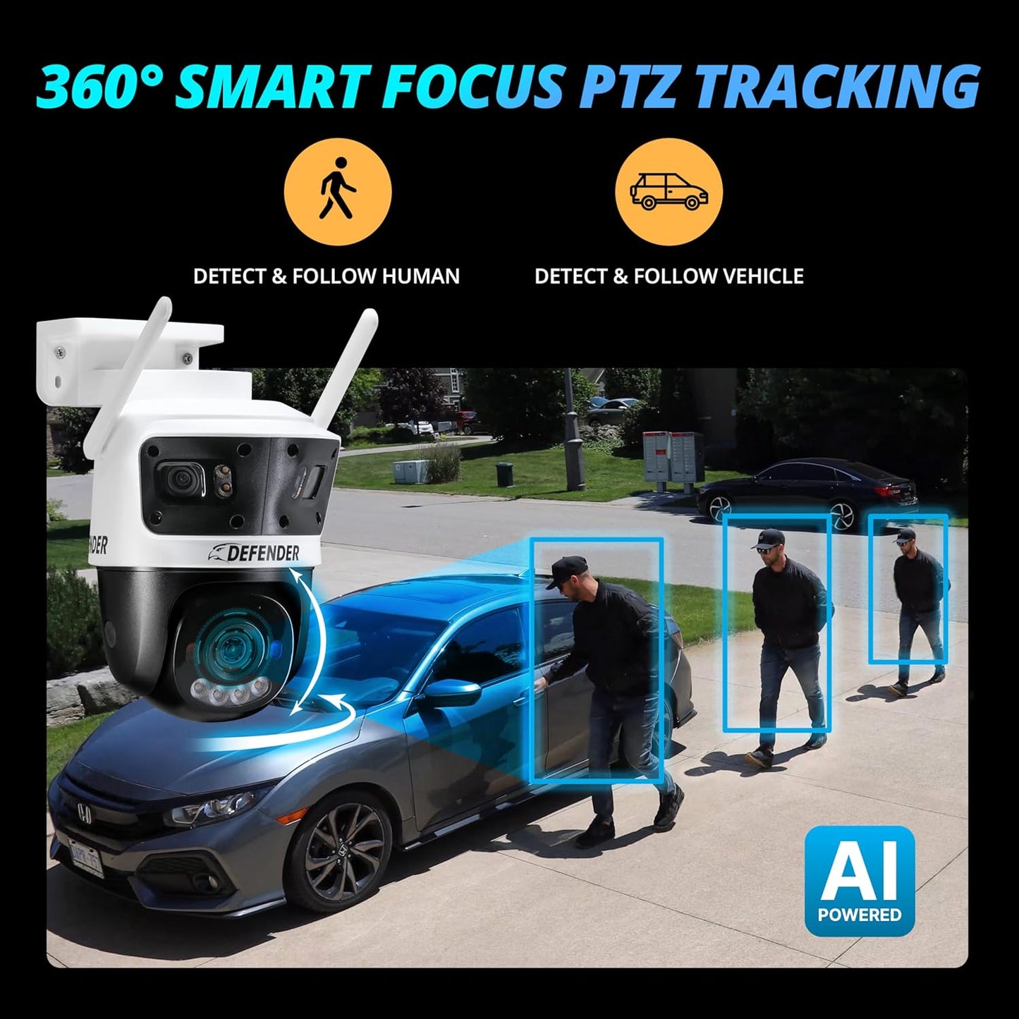 AI Powered 3K+ Guard WiFi Tri-Lens PTZ Plug-in Power Outdoor Security Camera, 3-in-1 360°Smart View Camera