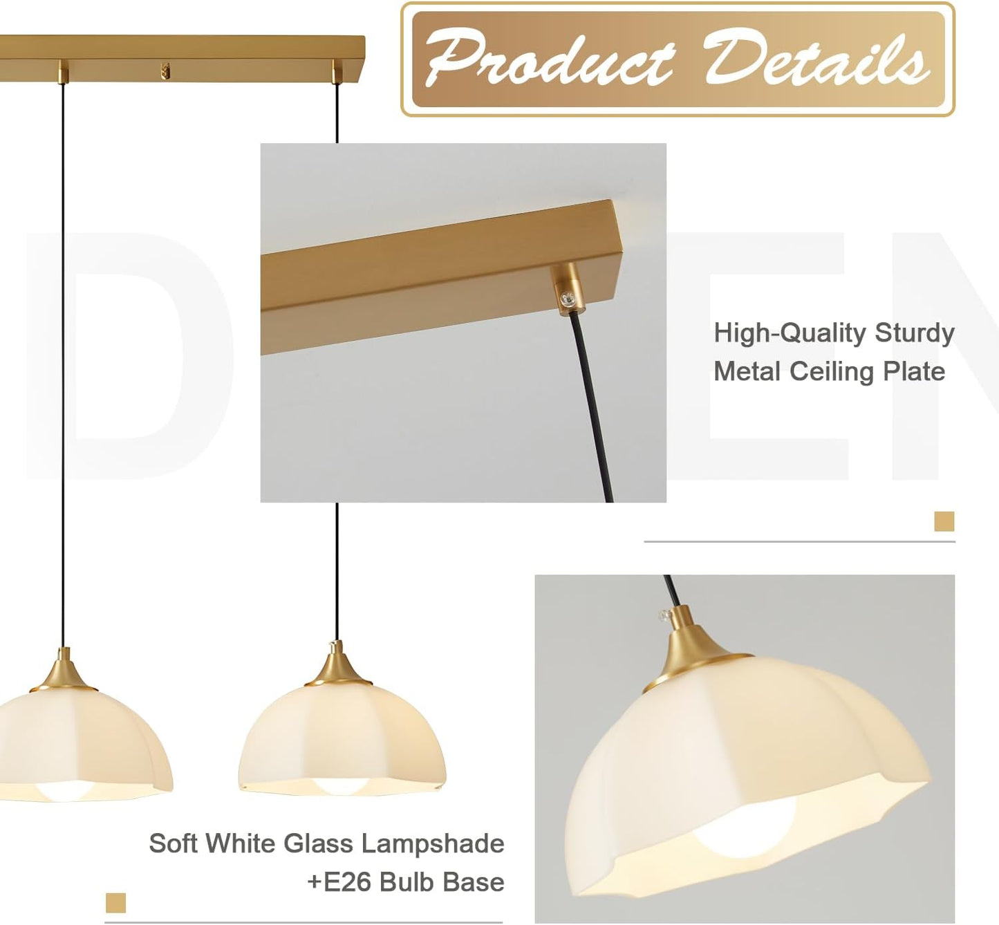 Modern 3 Light Pendant Lighting Gold Linear Dining Room Light Fixture Milk Glass Linear Chandelier Brass and White