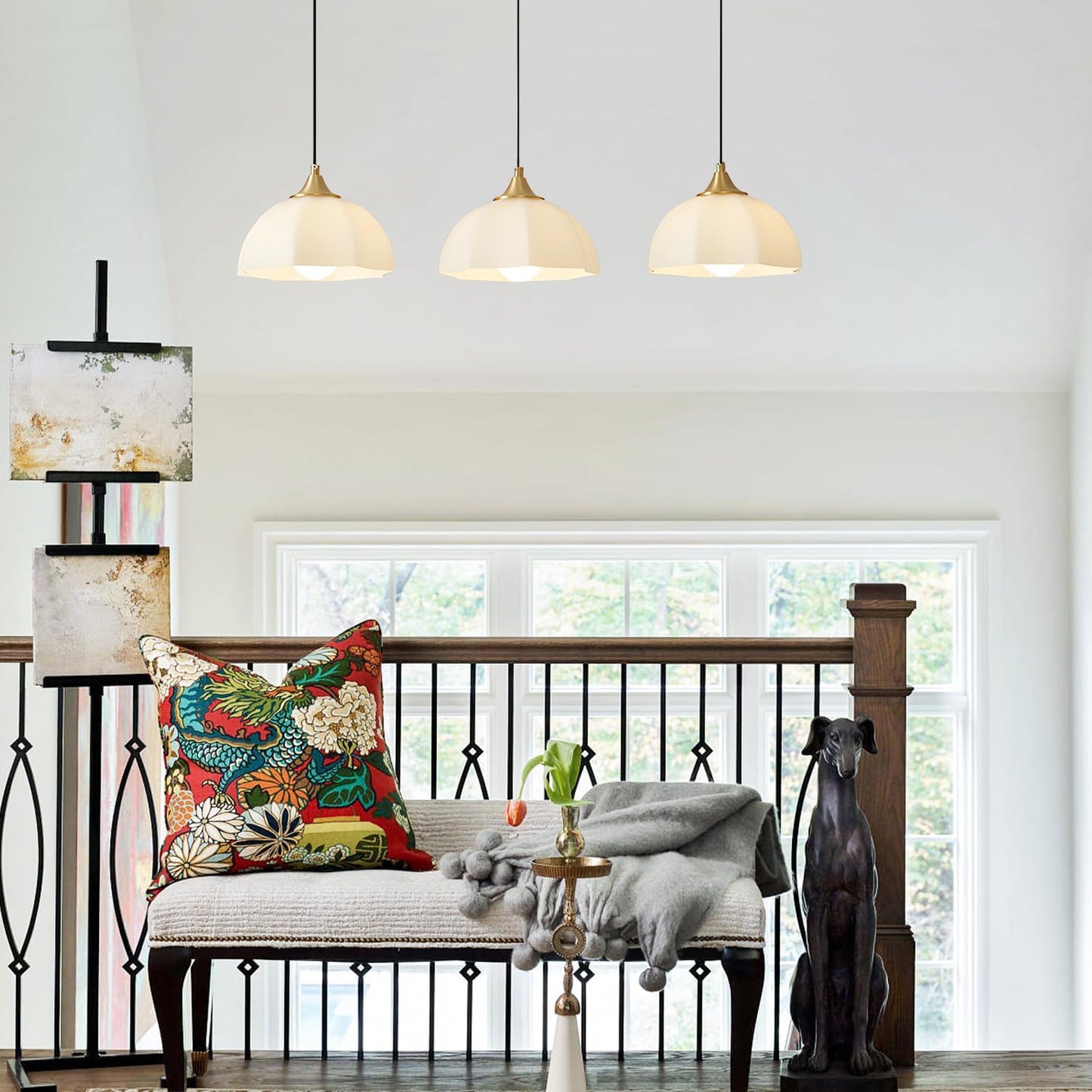 Modern 3 Light Pendant Lighting Gold Linear Dining Room Light Fixture Milk Glass Linear Chandelier Brass and White