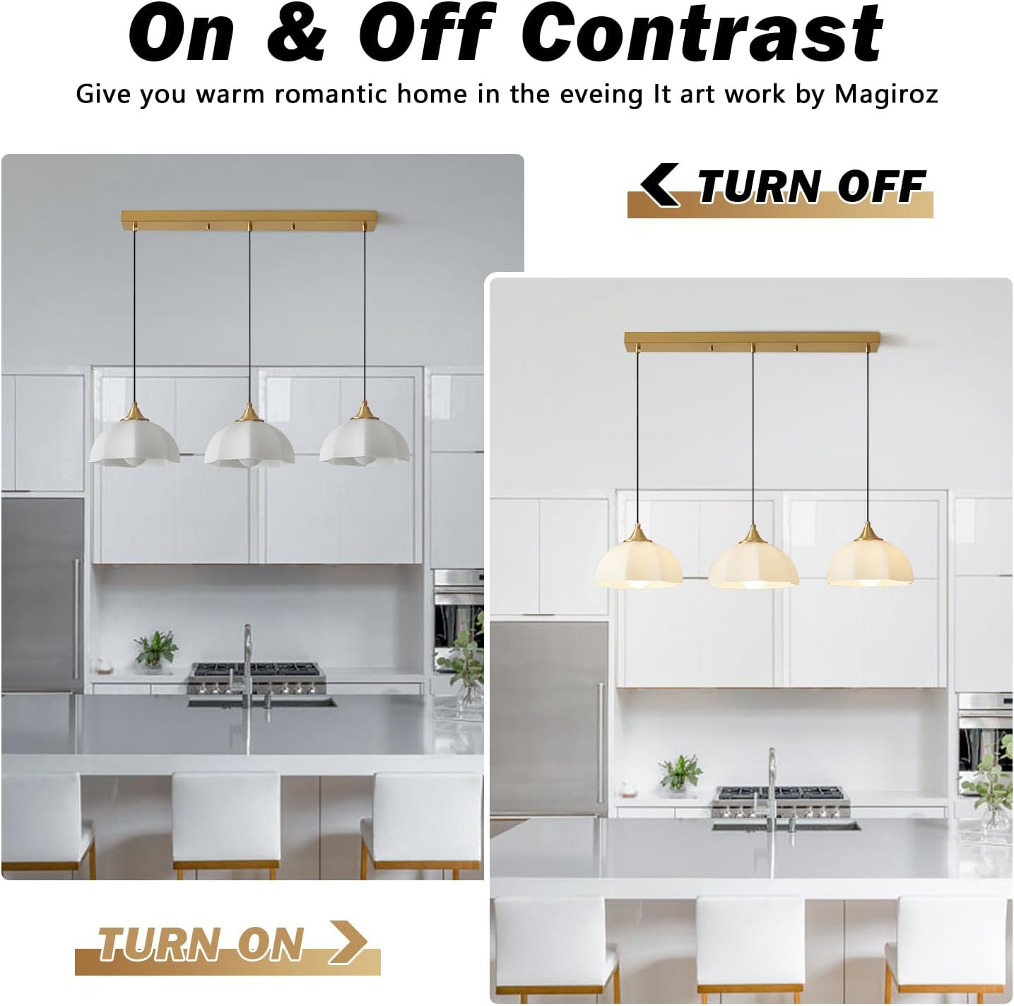 Modern 3 Light Pendant Lighting Gold Linear Dining Room Light Fixture Milk Glass Linear Chandelier Brass and White