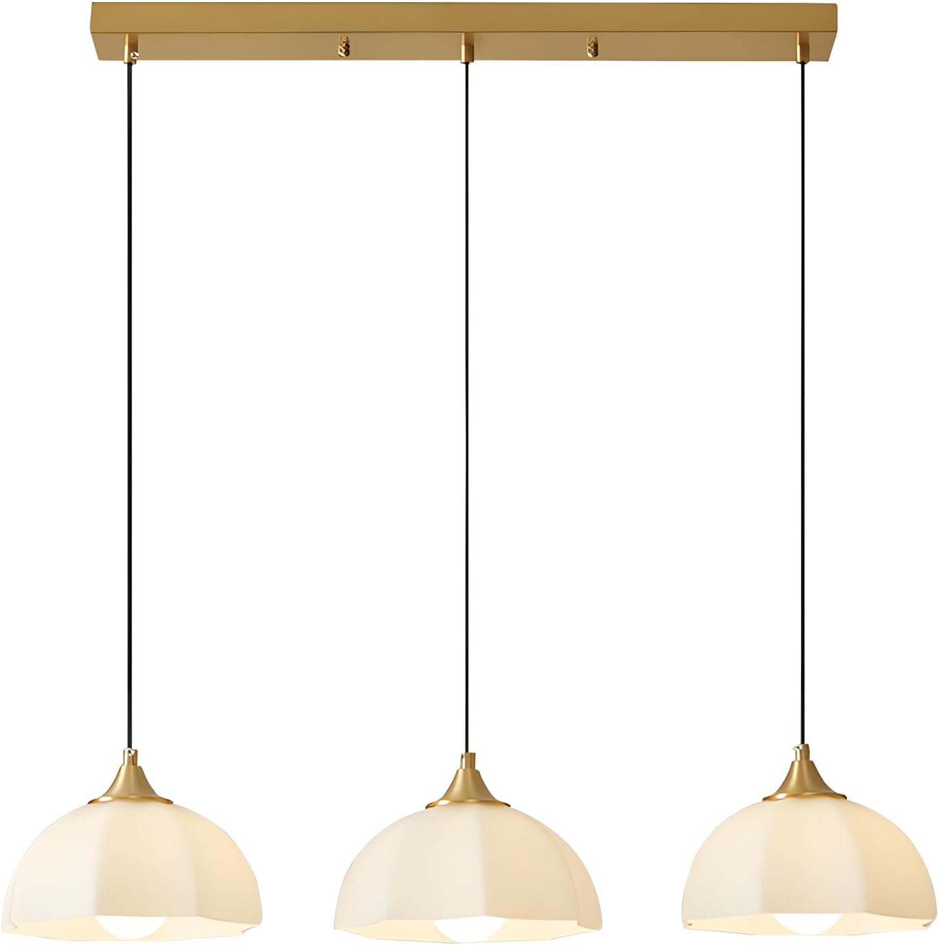 Modern 3 Light Pendant Lighting Gold Linear Dining Room Light Fixture Milk Glass Linear Chandelier Brass and White