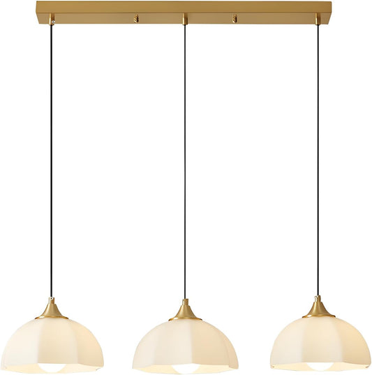 Modern 3 Light Pendant Lighting Gold Linear Dining Room Light Fixture Milk Glass Linear Chandelier Brass and White