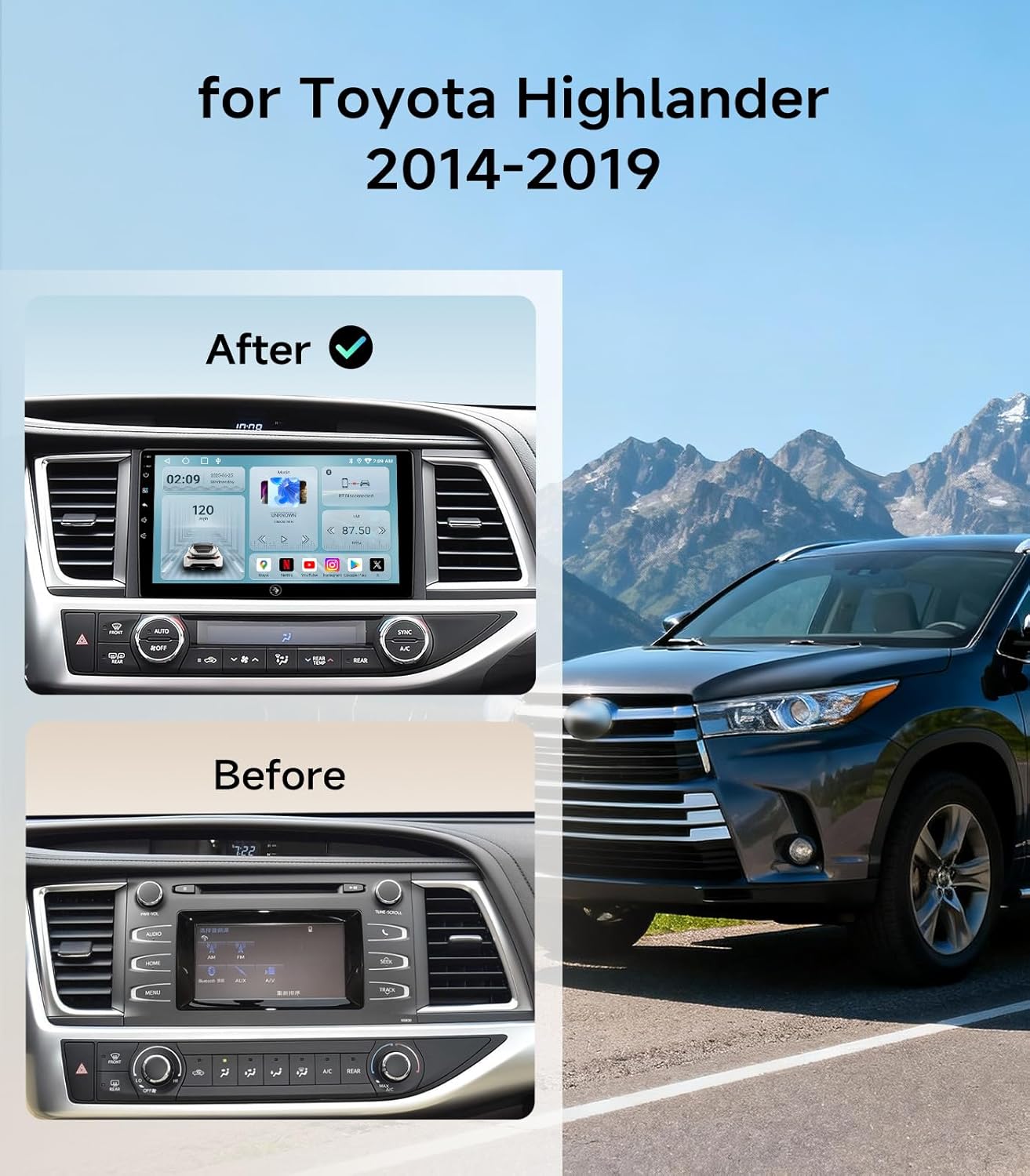 10.2' Car Stereo for Toyota Highlander 2014-2019, Wireless CarPlay Android Auto, Touchscreen,1080P Backup Cam