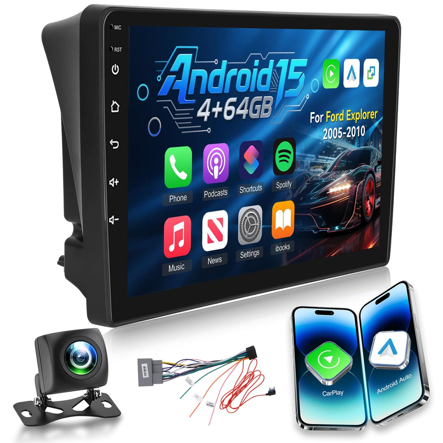 4G+64G Android Car Stereo for Ford Explorer 2005-2010 with Wireless Carplay/Android Auto, 10 Inch IPS Touchscreen Radio with 32EQ DSP/5GHz WiFi/GPS/Mirror Link, AHD Rear View Camera