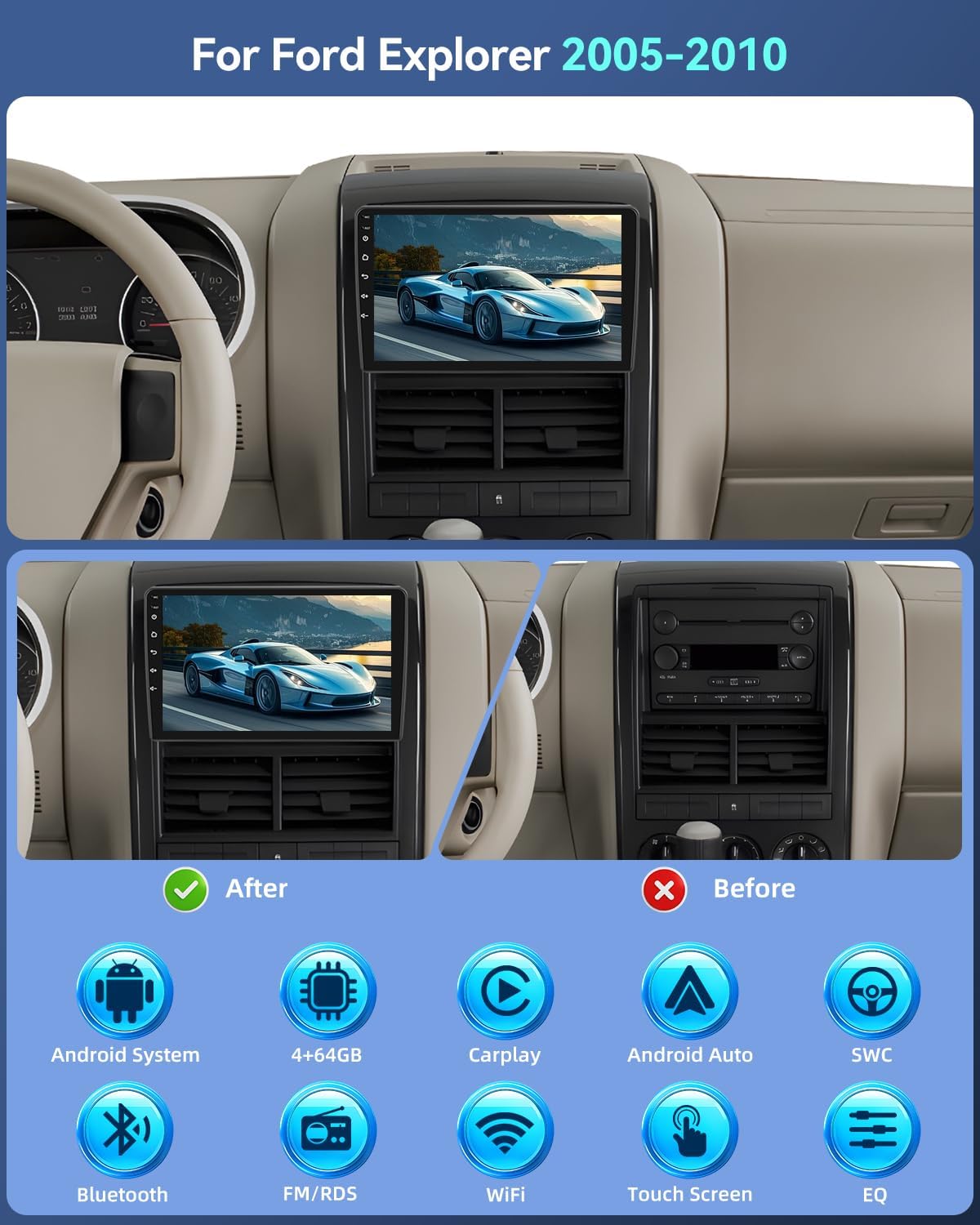 4G+64G Android Car Stereo for Ford Explorer 2005-2010 with Wireless Carplay/Android Auto, 10 Inch IPS Touchscreen Radio with 32EQ DSP/5GHz WiFi/GPS/Mirror Link, AHD Rear View Camera