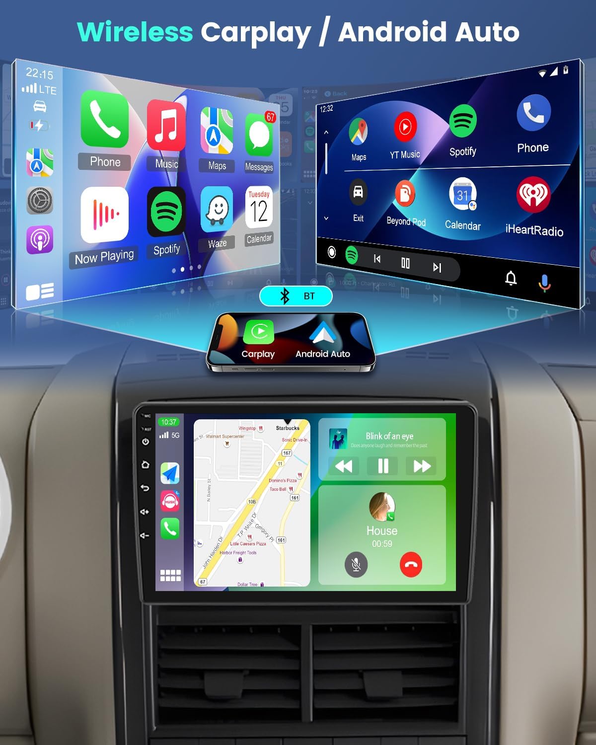 4G+64G Android Car Stereo for Ford Explorer 2005-2010 with Wireless Carplay/Android Auto, 10 Inch IPS Touchscreen Radio with 32EQ DSP/5GHz WiFi/GPS/Mirror Link, AHD Rear View Camera