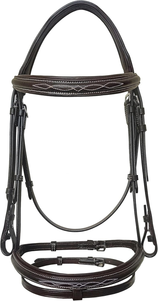 English Horse Bridle with Reins – Fancy-Stitched, Padded Comfort Crown & Noseband, Vegetable-Tanned Leather