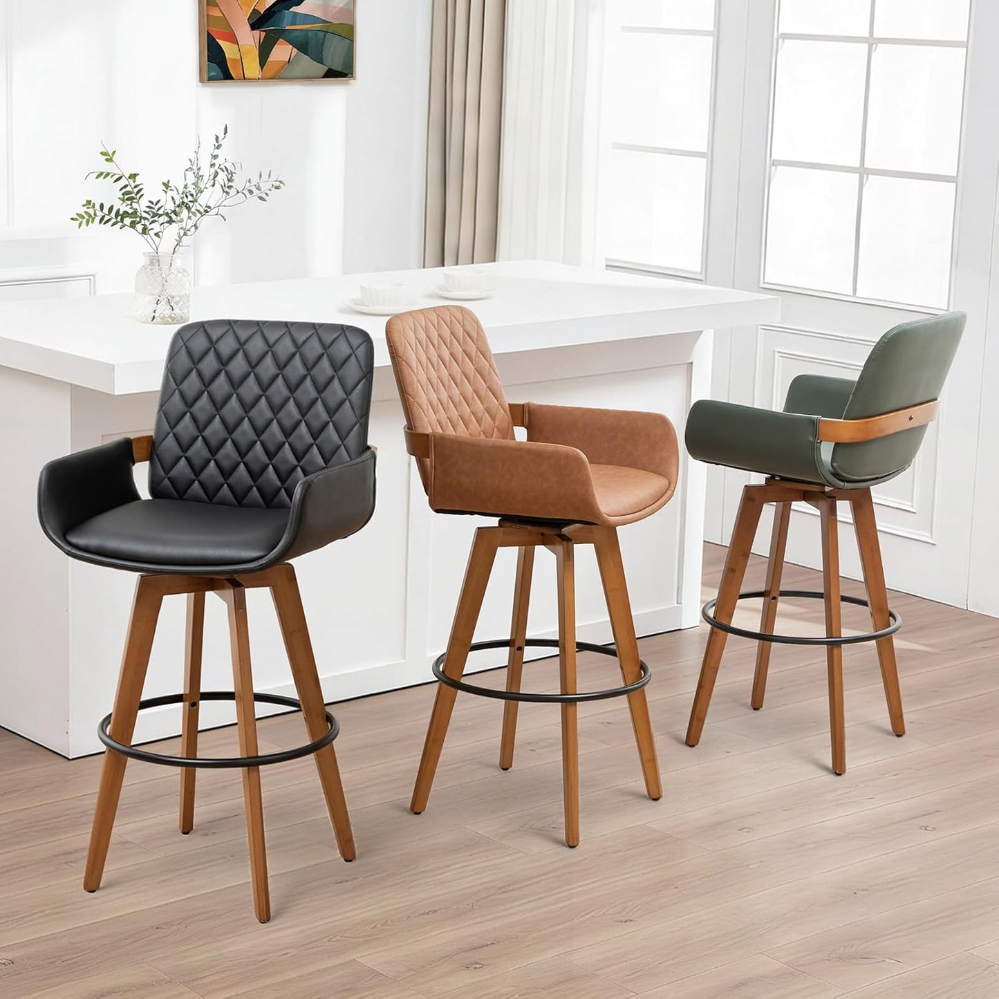Mid Century Bar Stools - Kitchen Island Stools with Walnut, Curved Back and Arms, Faux Leather