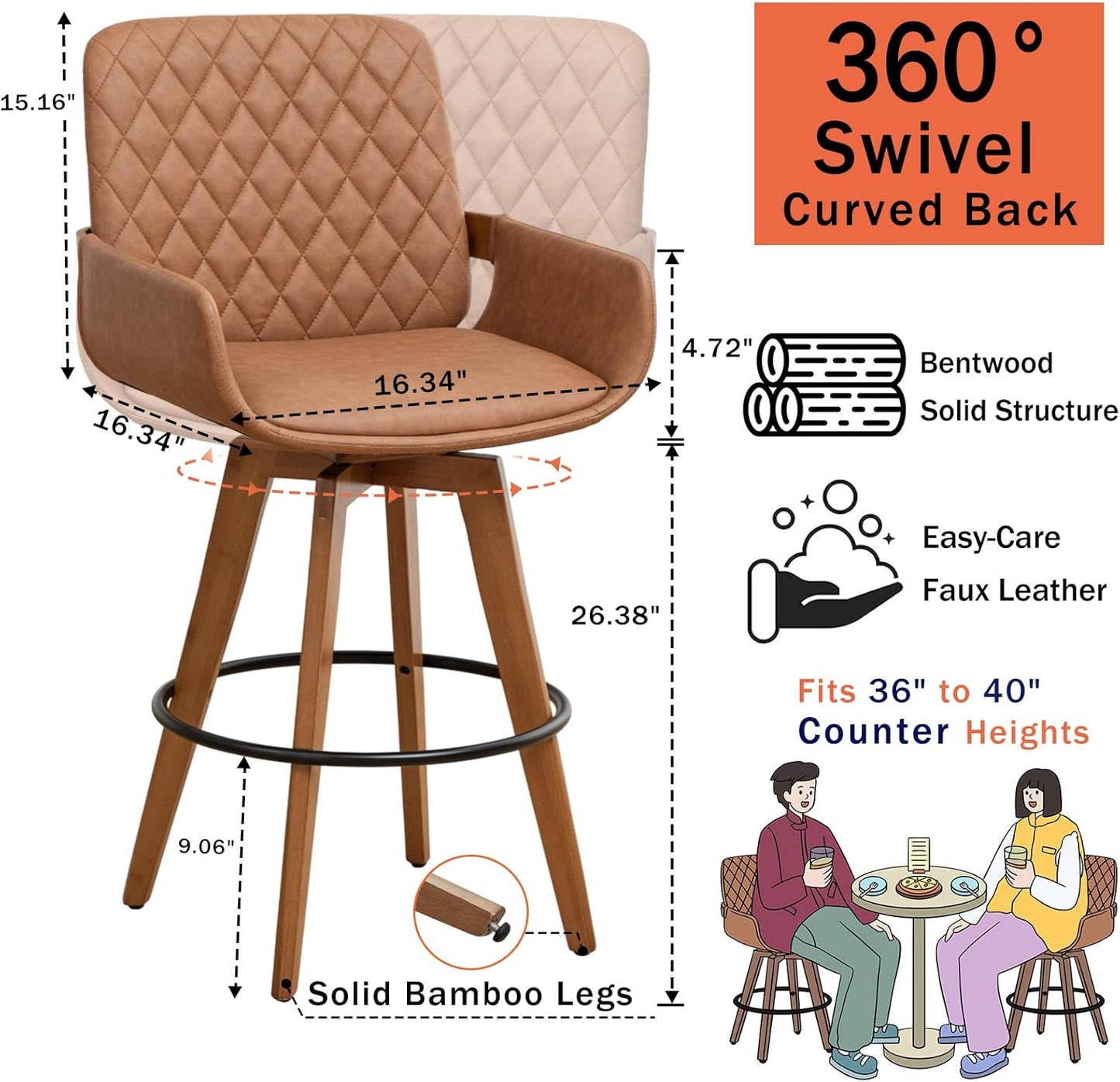 Mid Century Bar Stools - Kitchen Island Stools with Walnut, Curved Back and Arms, Faux Leather