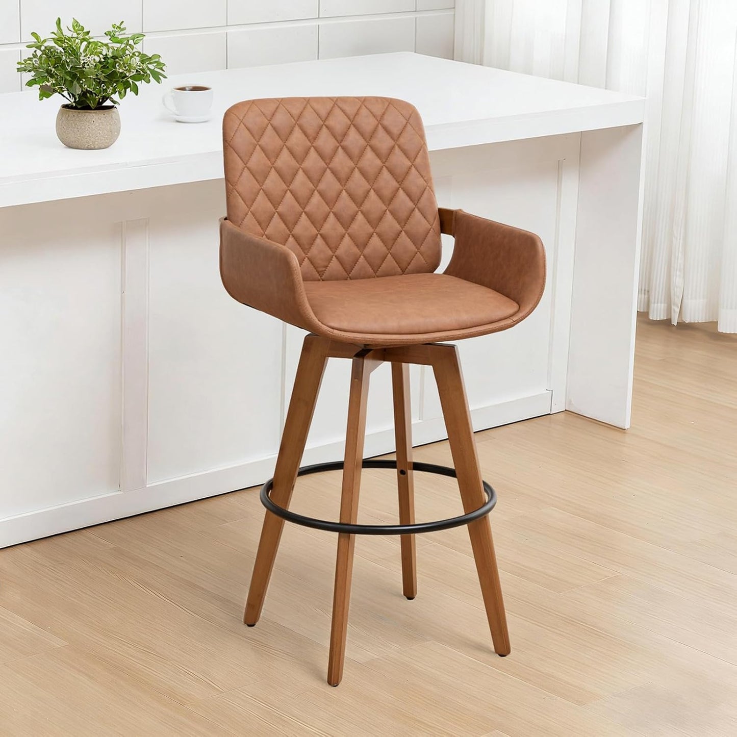 Mid Century Bar Stools - Kitchen Island Stools with Walnut, Curved Back and Arms, Faux Leather