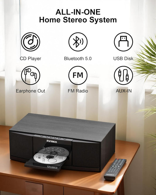 Vintage Bluetooth Stereo System for Home, 36W RMS Micro HiFi Systems CD Player Dual 3” Bass with Bluetooth