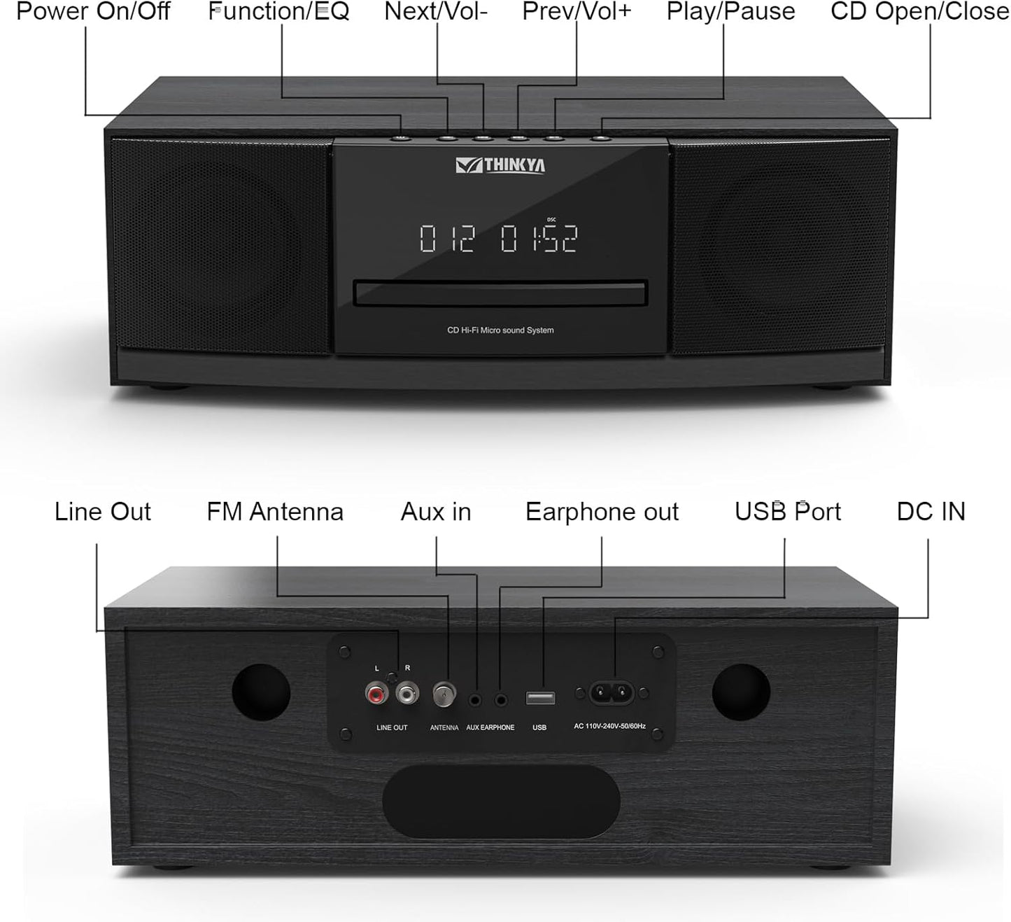 Vintage Bluetooth Stereo System for Home, 36W RMS Micro HiFi Systems CD Player Dual 3” Bass with Bluetooth