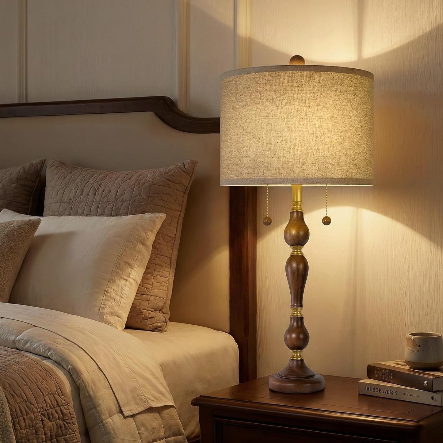 30' Natural Real Wood Table Lamps Set of 2, Rustic Farmhouse Table Lamps with Shade, (Bulbs Included)