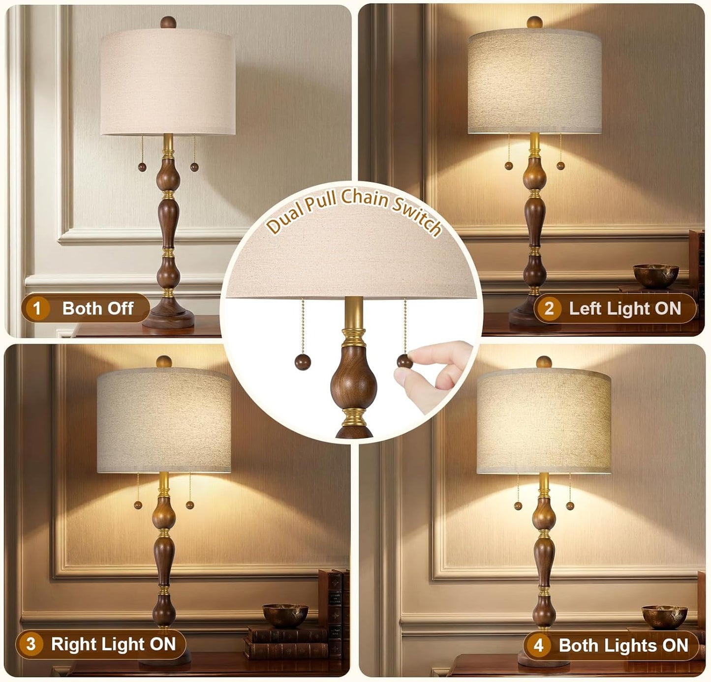 30' Natural Real Wood Table Lamps Set of 2, Rustic Farmhouse Table Lamps with Shade, (Bulbs Included)