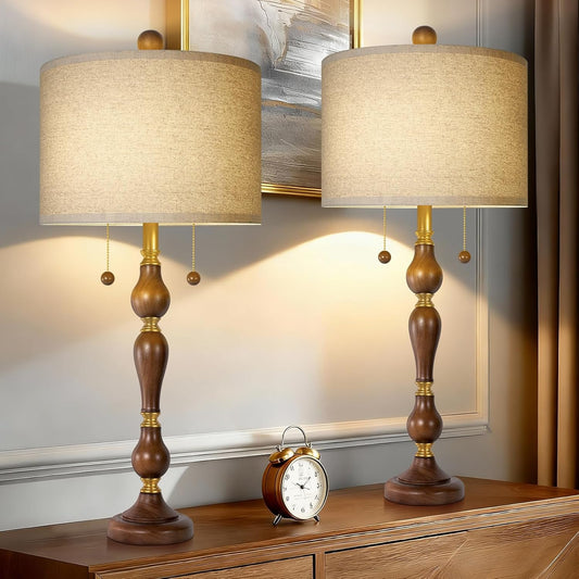 30' Natural Real Wood Table Lamps Set of 2, Rustic Farmhouse Table Lamps with Shade, (Bulbs Included)