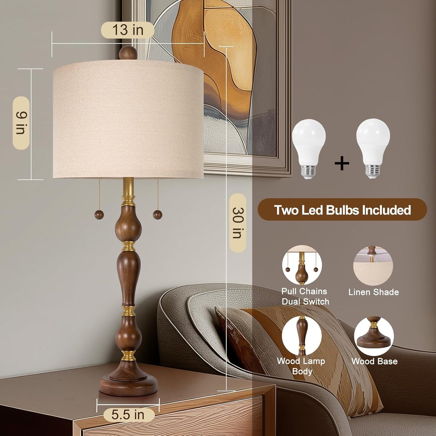 30' Natural Real Wood Table Lamps Set of 2, Rustic Farmhouse Table Lamps with Shade, (Bulbs Included)