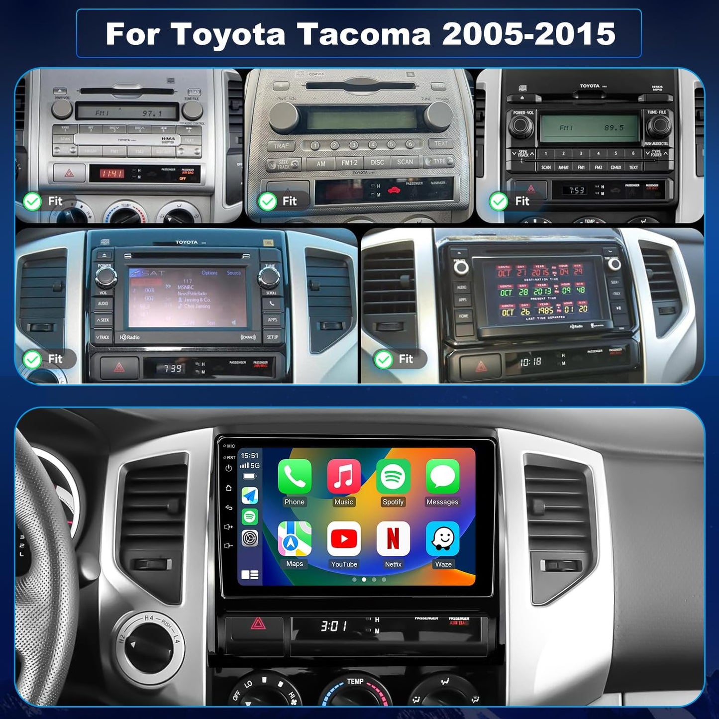 Car Radio For Toyota Tacoma 2005-2015, Car Audio 9inch Touch Screen Head Unit, Wireless Carplay Screen Android