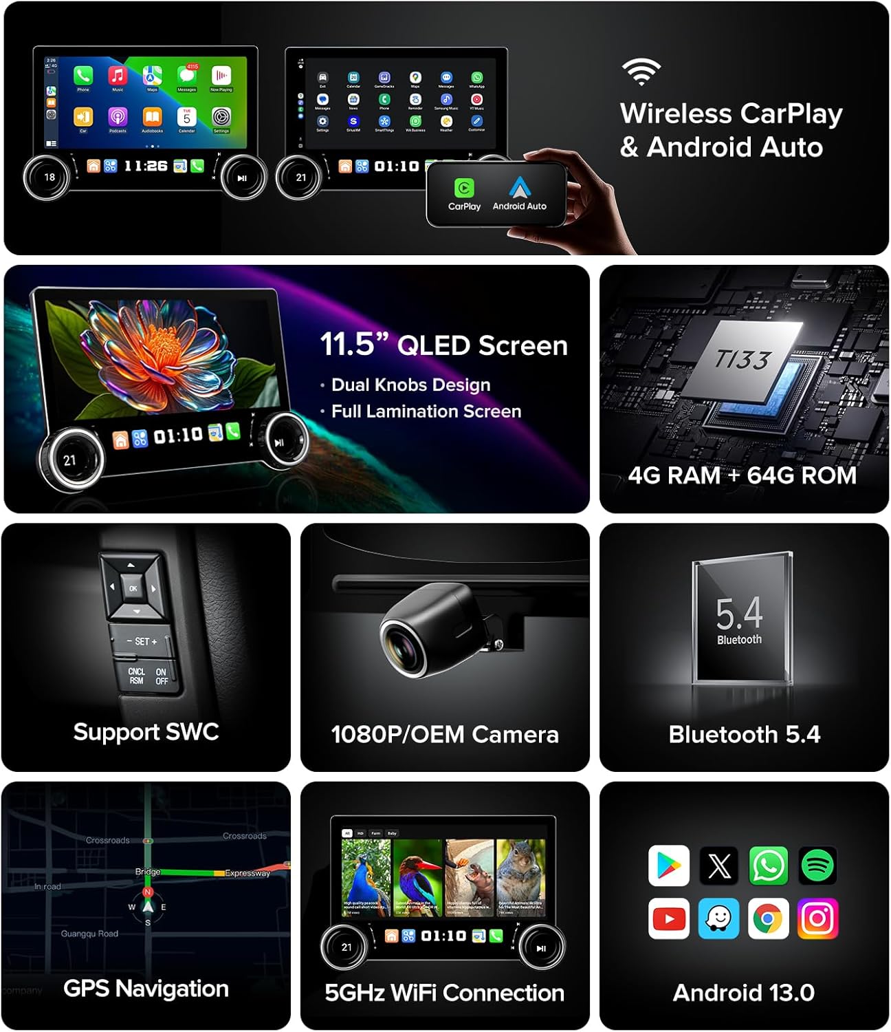 11.5 Inch Dual Knobs, Radio for Dodge Caravan 2011-2020 | Wireless CarPlay Android, QLED Touch Screen