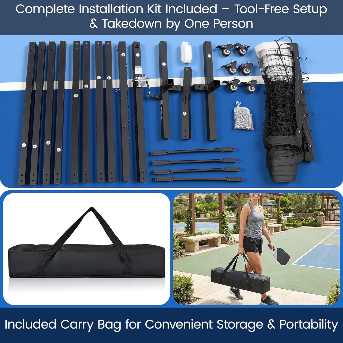Pickleball Net Portable Outdoor with Wheels & 22FT Hand-Crank Tensioning Pickleball Net, Pro-Grade