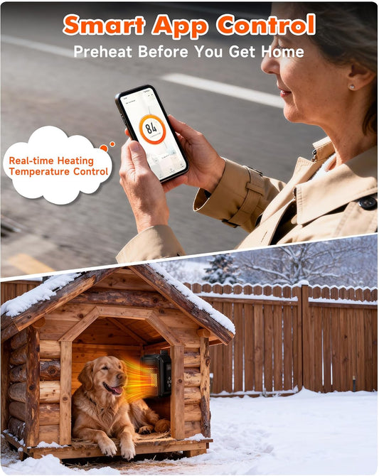 Dog House Heater with Thermostat & WiFi App Control, 68–104°F Adjustable Temp, 24H Timer, 500W Fast Heating