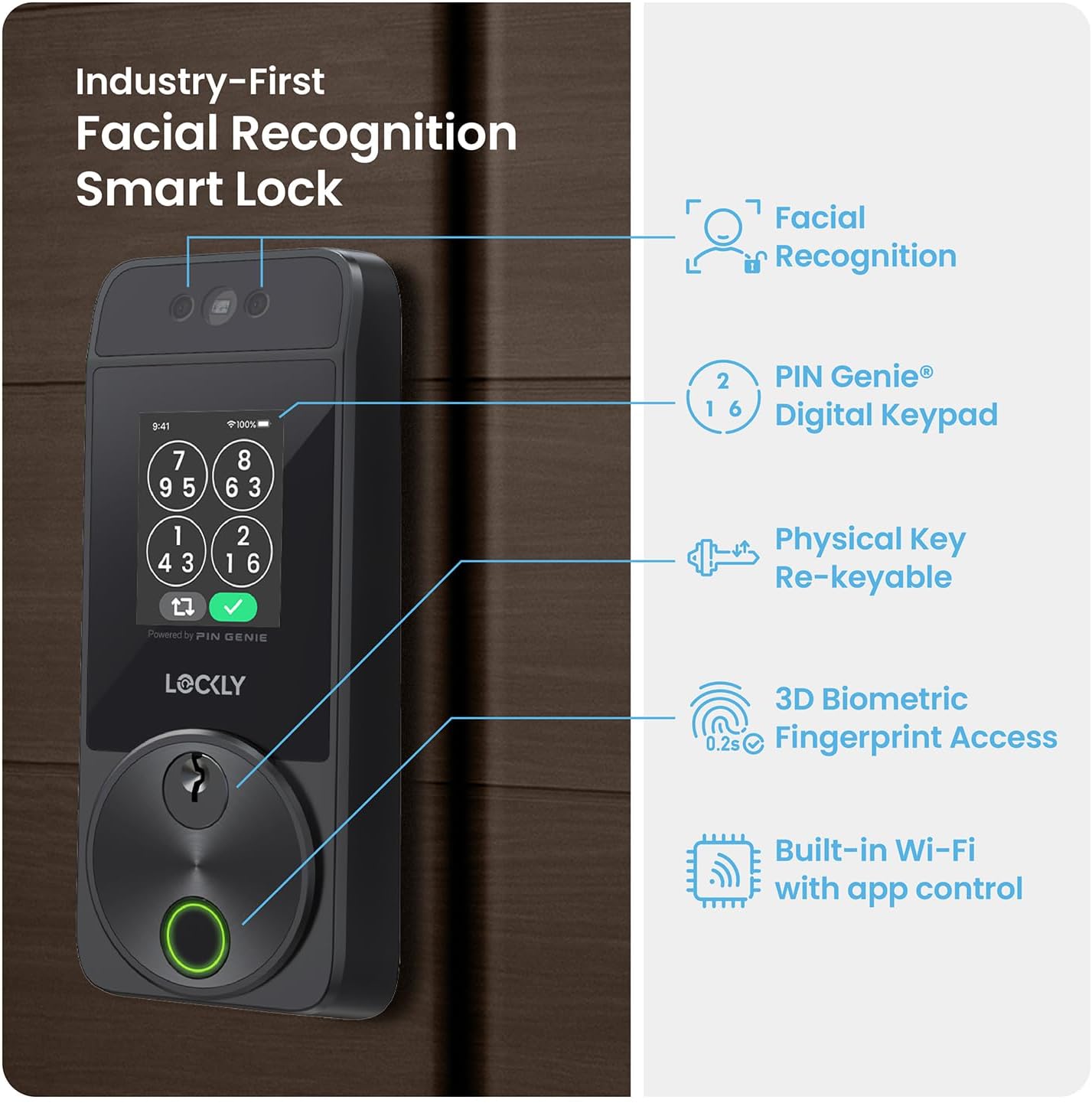 Smart Lock, Facial Recognition & Fingerprint Keyless Entry Door Lock, Built-in Wi-Fi Deadbolt with Apple Home Key