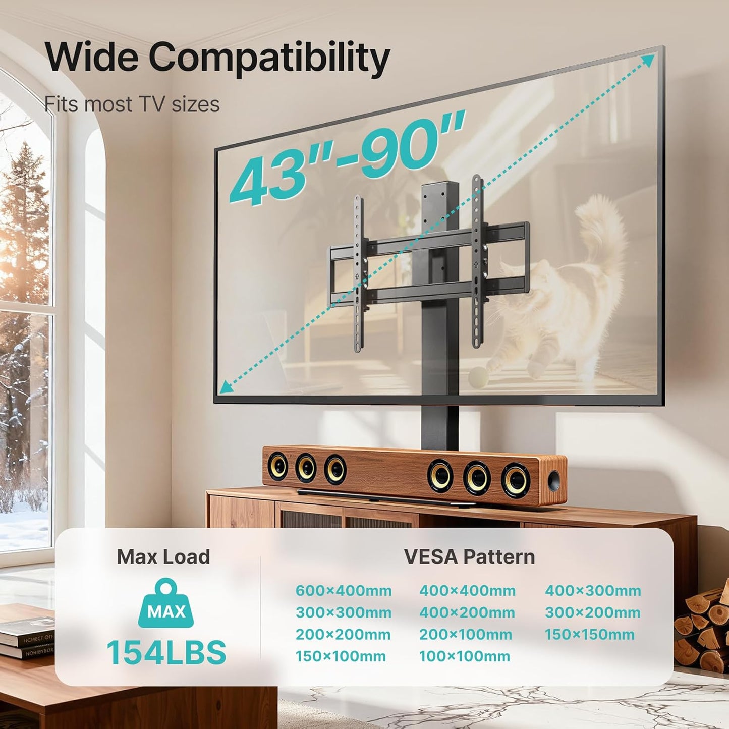 Swivel Universal TV Stand with Mount for 43-90'' TVs, Holds 154 lbs, Height Adjustable Large Table top tv Stand