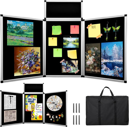 3+1 Panel Double-Sided Black Trifold Display Board with Storage Bag, 72 x 35.4 in Folding Tabletop Trifold Poster