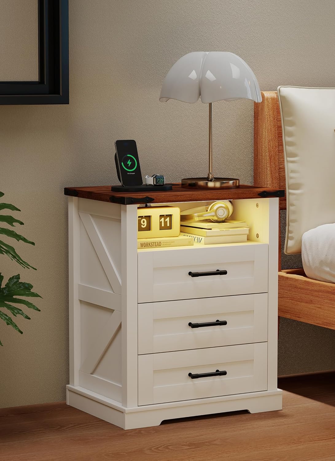 Smart Farmhouse Nightstand with Charging Station, with Human Sensor LED Light, 3 Drawers and Open Storage Shelf