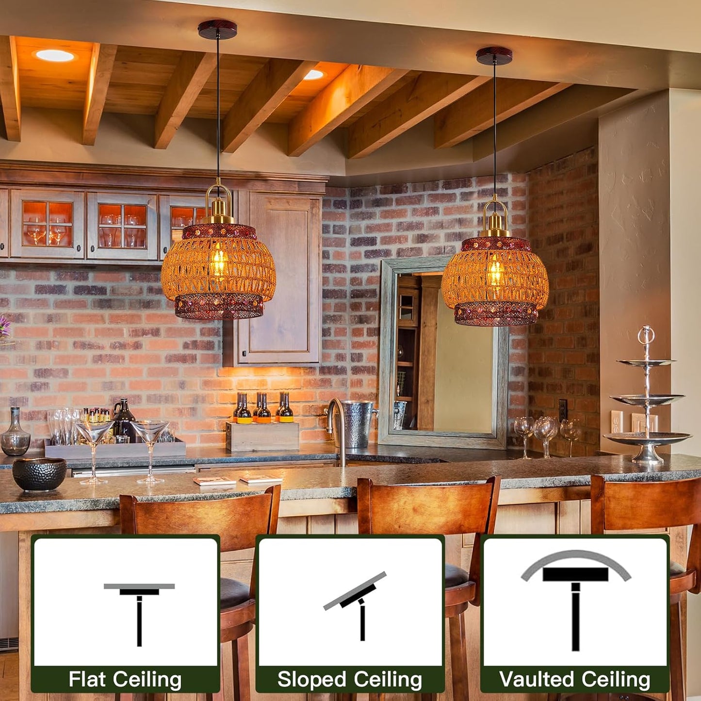 12.6-inch Vintage Burgundy Bohemian cage Chandelier, mid-Century Wicker Tiffany-Style lamp