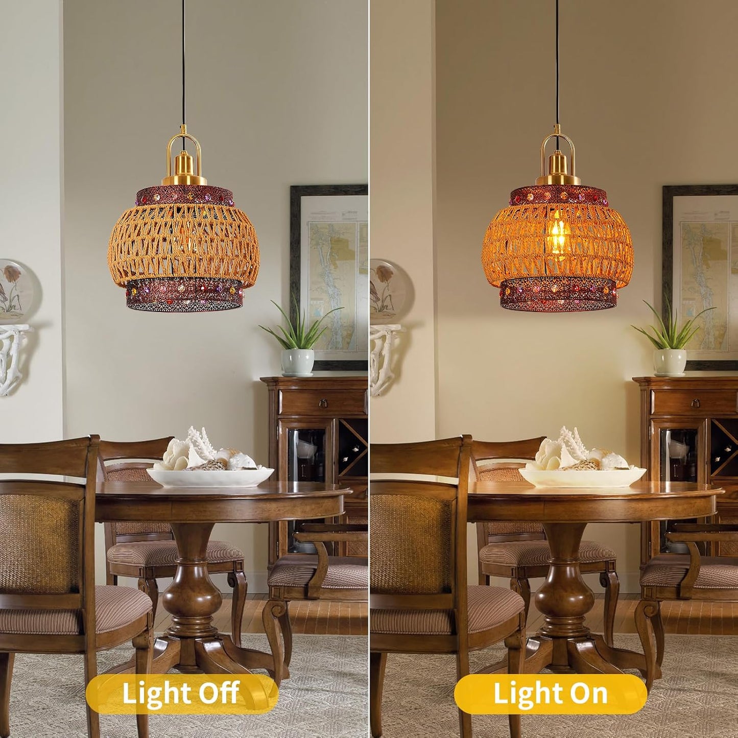 12.6-inch Vintage Burgundy Bohemian cage Chandelier, mid-Century Wicker Tiffany-Style lamp