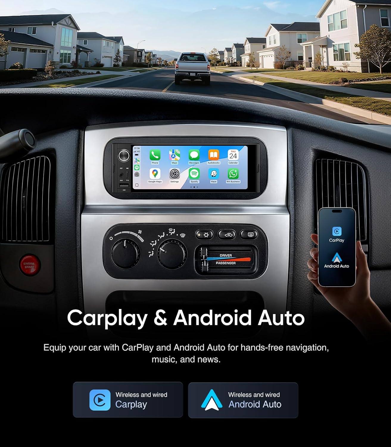 6.36' Single Din Radio Car Stereo with CarPlay and Android Auto, Universal Old Car Touchscreen, with Bluetooth