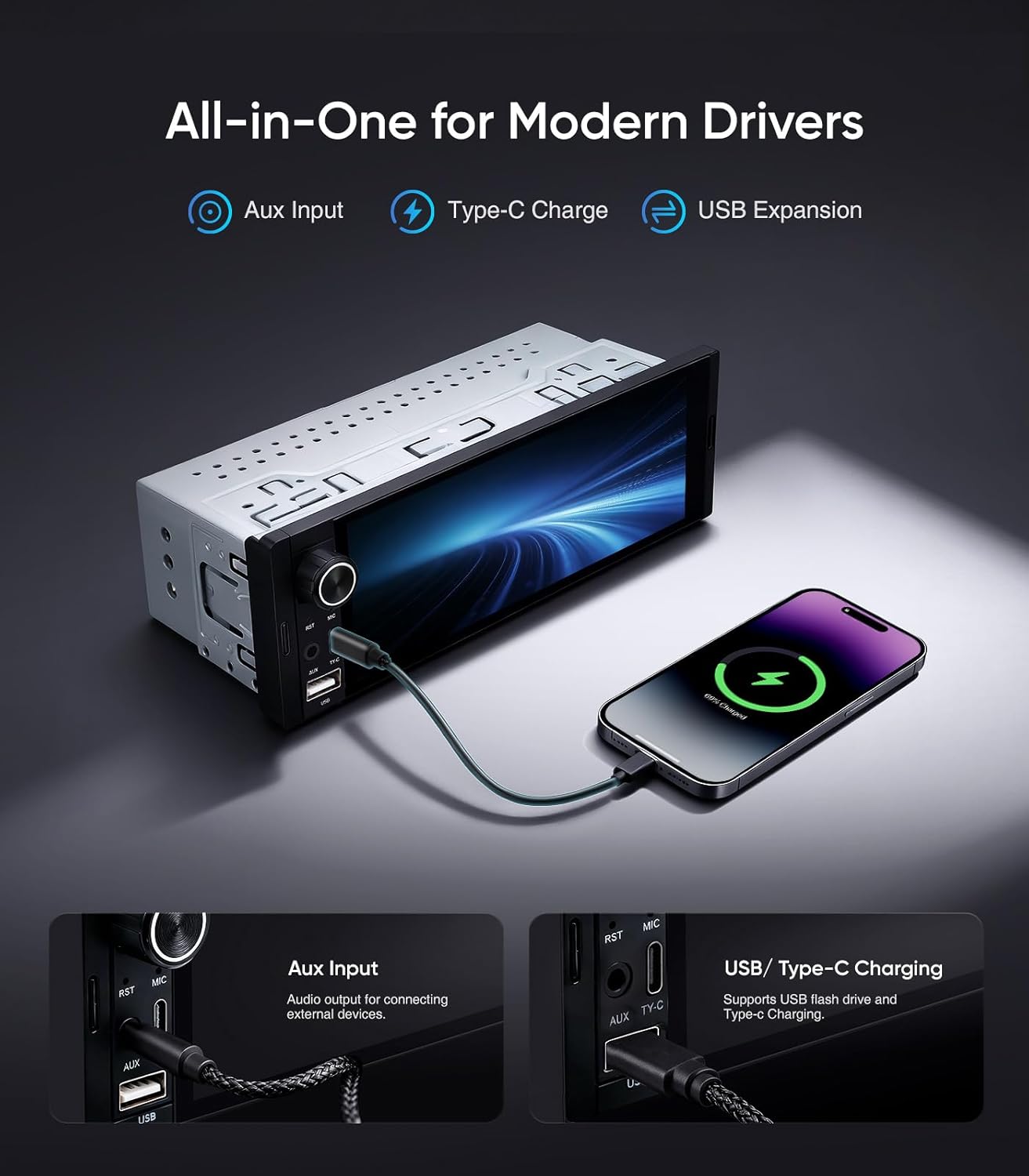 6.36' Single Din Radio Car Stereo with CarPlay and Android Auto, Universal Old Car Touchscreen, with Bluetooth