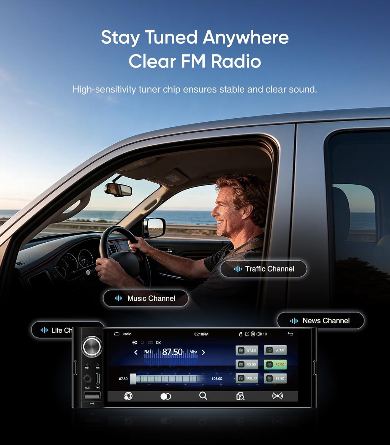 6.36' Single Din Radio Car Stereo with CarPlay and Android Auto, Universal Old Car Touchscreen, with Bluetooth