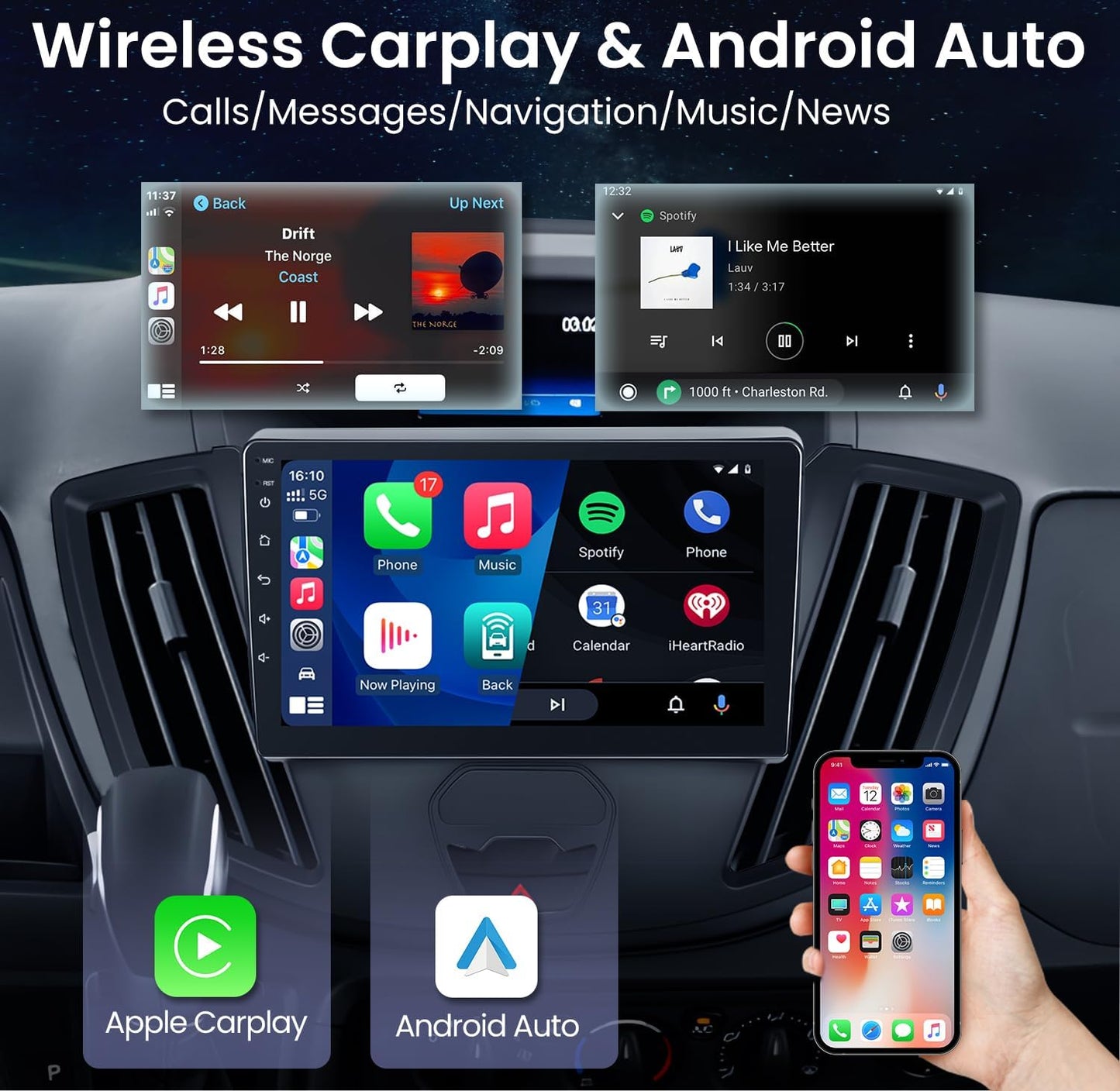 Car Stereo Radio for Ford Transit 150-350 2015 - 2019 : 9 Inches 1280*800HD Touch Screen Wireless Carplay Android