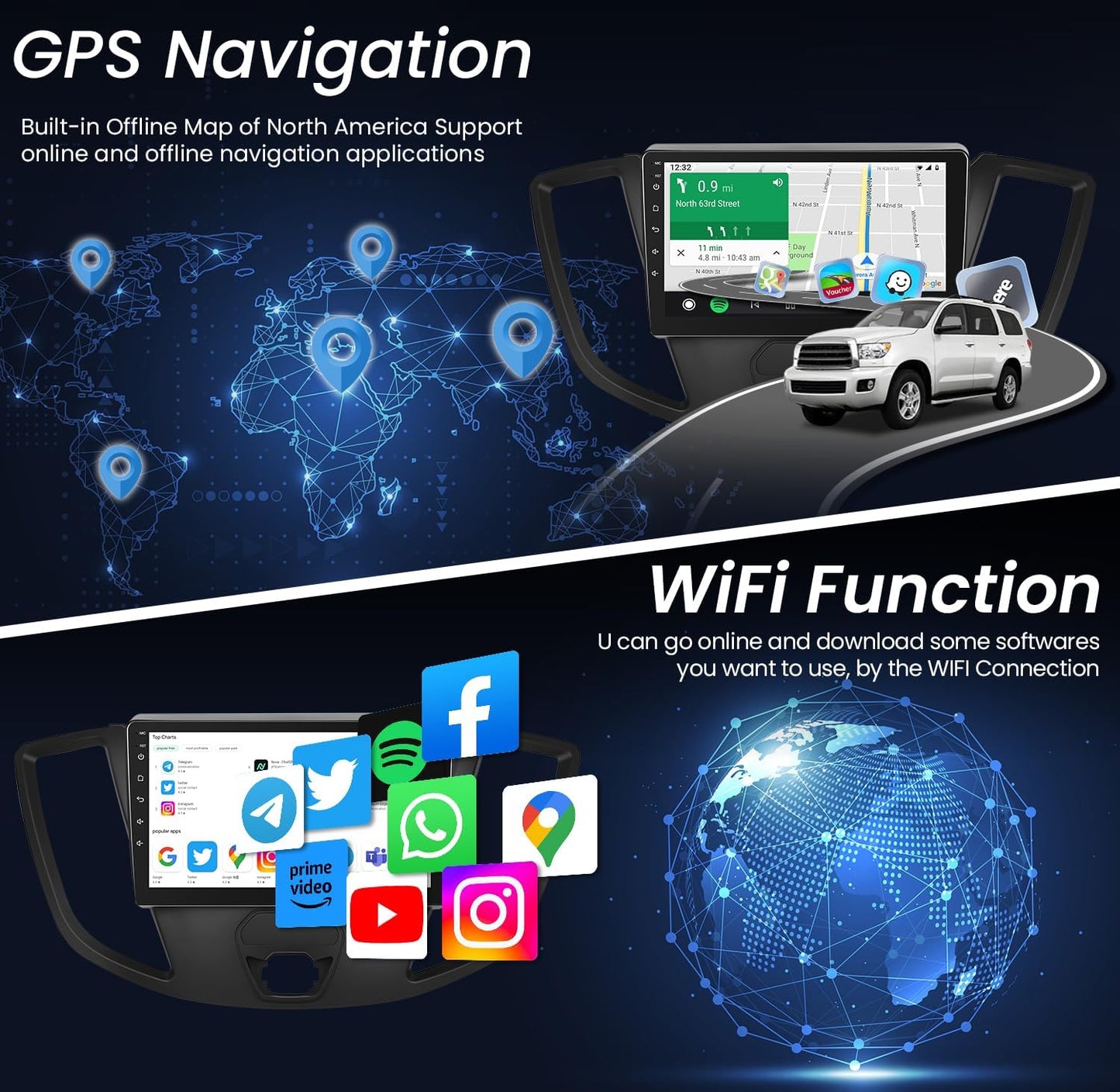 Car Stereo Radio for Ford Transit 150-350 2015 - 2019 : 9 Inches 1280*800HD Touch Screen Wireless Carplay Android