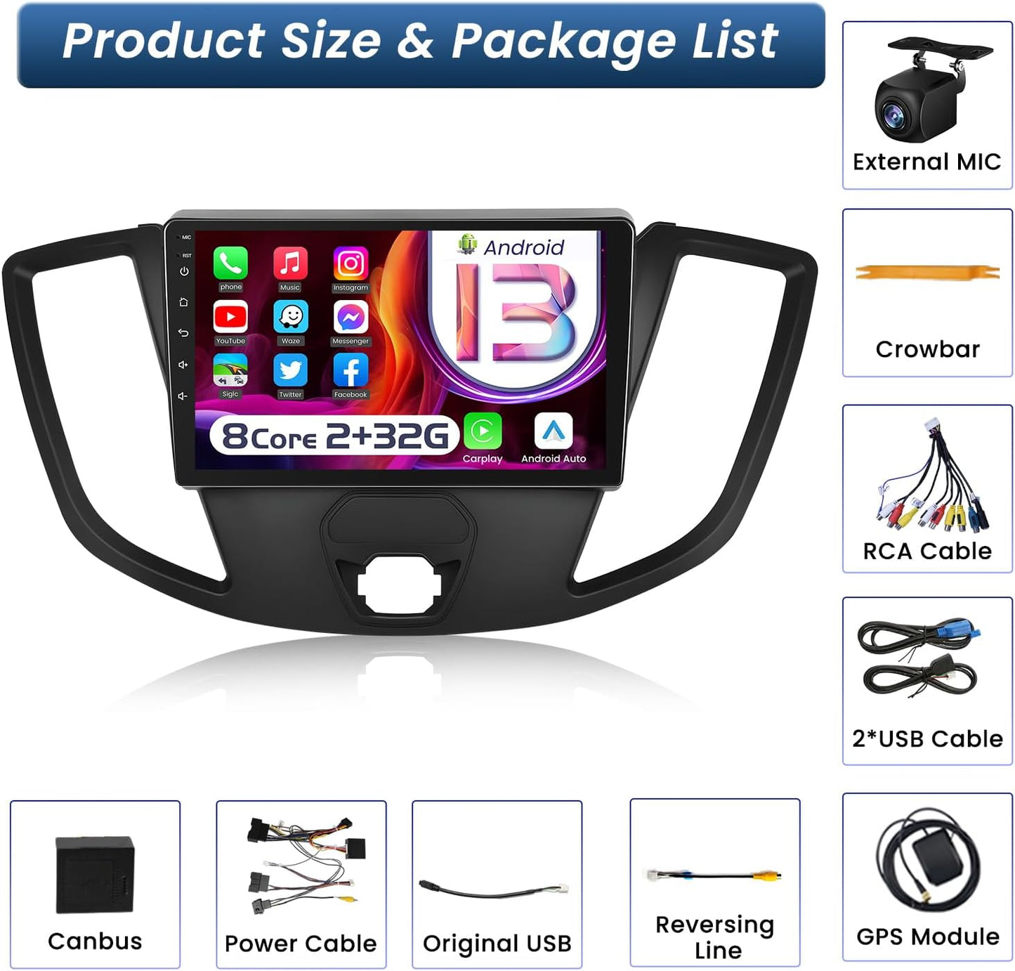 Car Stereo Radio for Ford Transit 150-350 2015 - 2019 : 9 Inches 1280*800HD Touch Screen Wireless Carplay Android