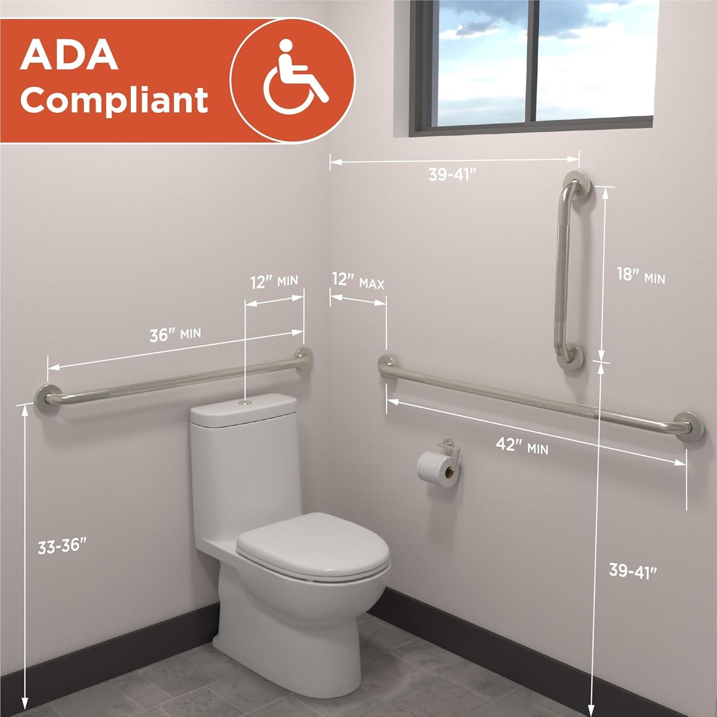 (3X Pack) Commercial Grab Bar Bundle, ADA Compliant 1.25' Stainless Steel Grab Bars (18', 36', 42')
