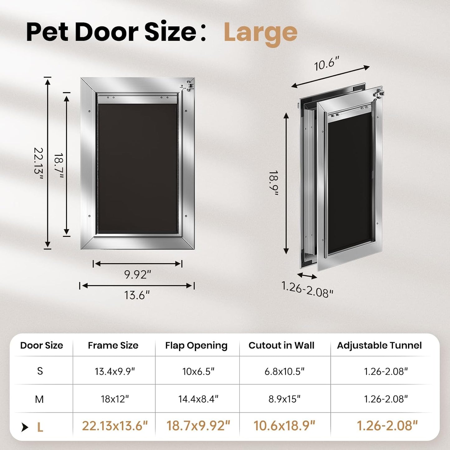 Aluminum Dog Door, Heavy Duty, for Exterior Doors, 2 Magnetic Flaps