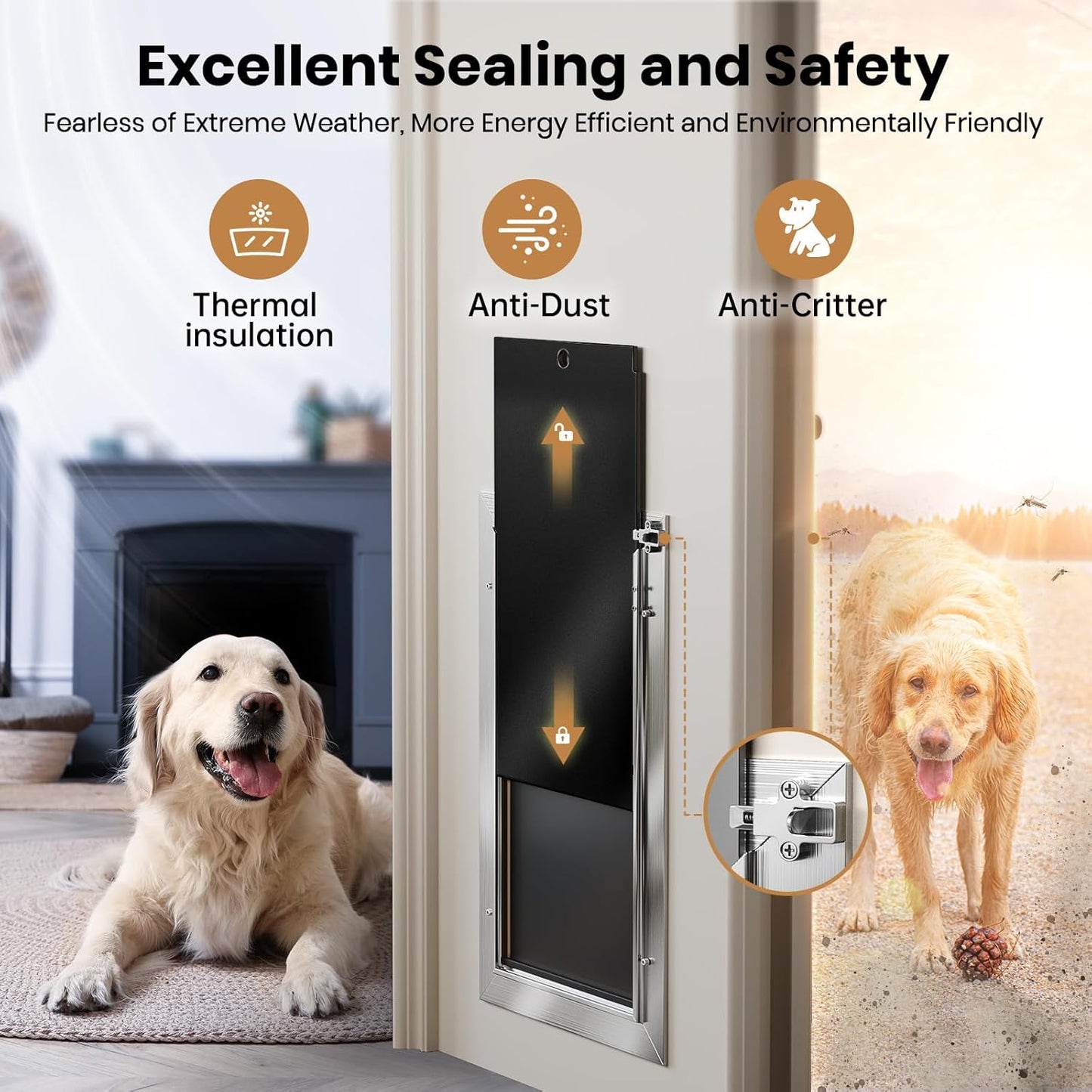Aluminum Dog Door, Heavy Duty, for Exterior Doors, 2 Magnetic Flaps