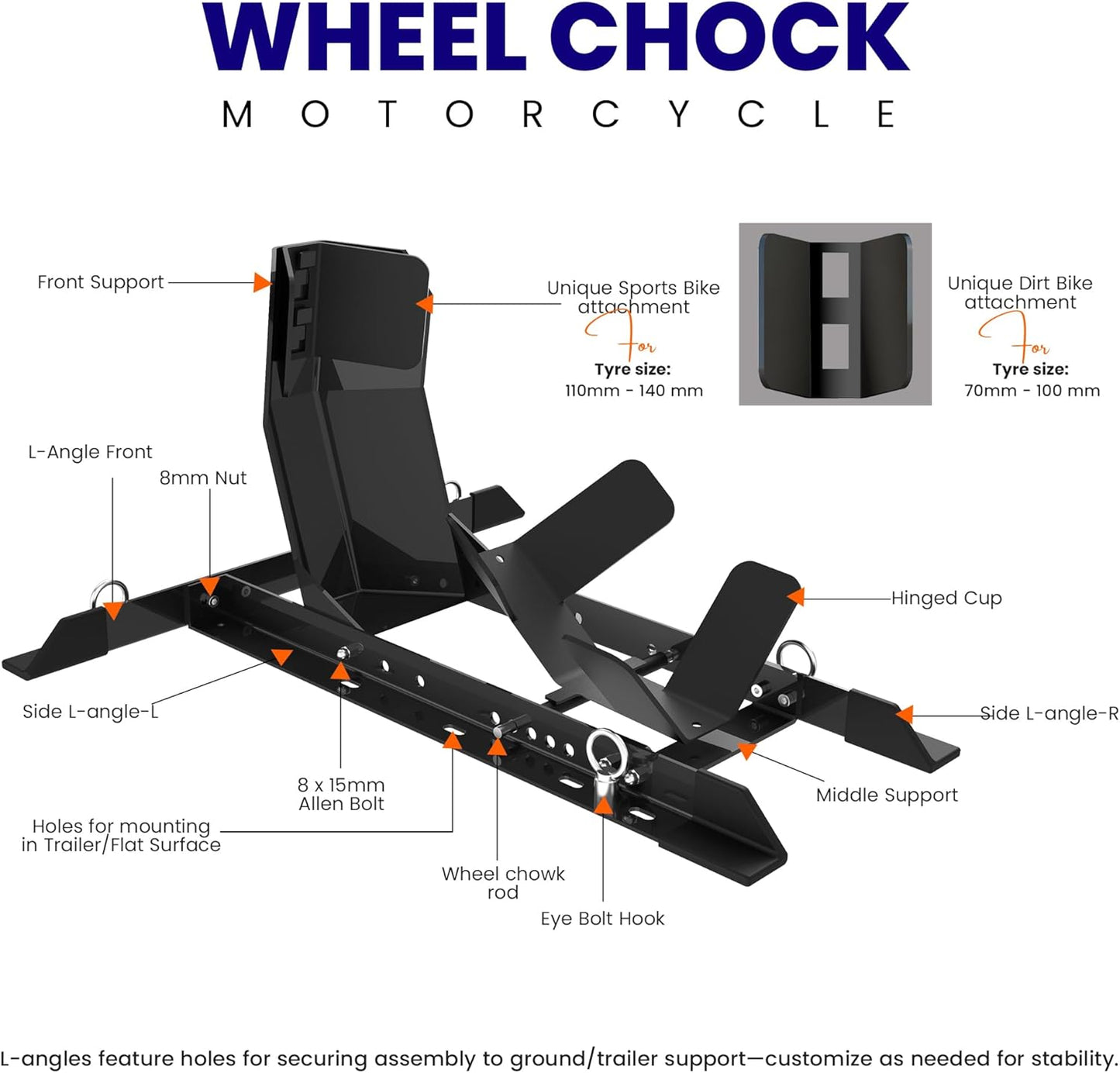 Universal Wheel Chock for Motorcycle Stand for Trailer Completely Adjustable Detachable