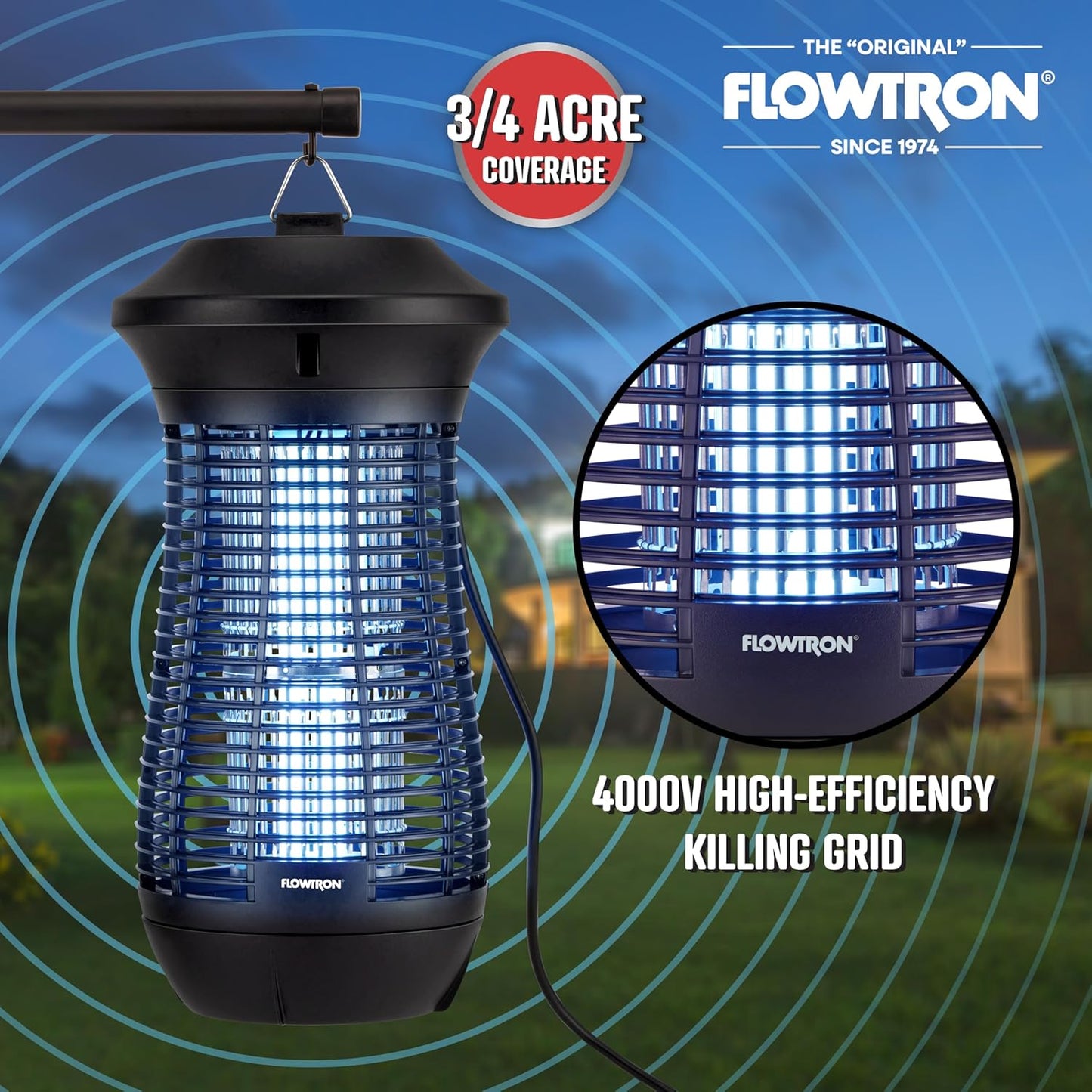 Outdoor Bug Zapper, 4000 Volt Electric Insect Killer with 3/4 Acre Coverage, Non-Clogging Shock Grid, Mosquitoes, Flies