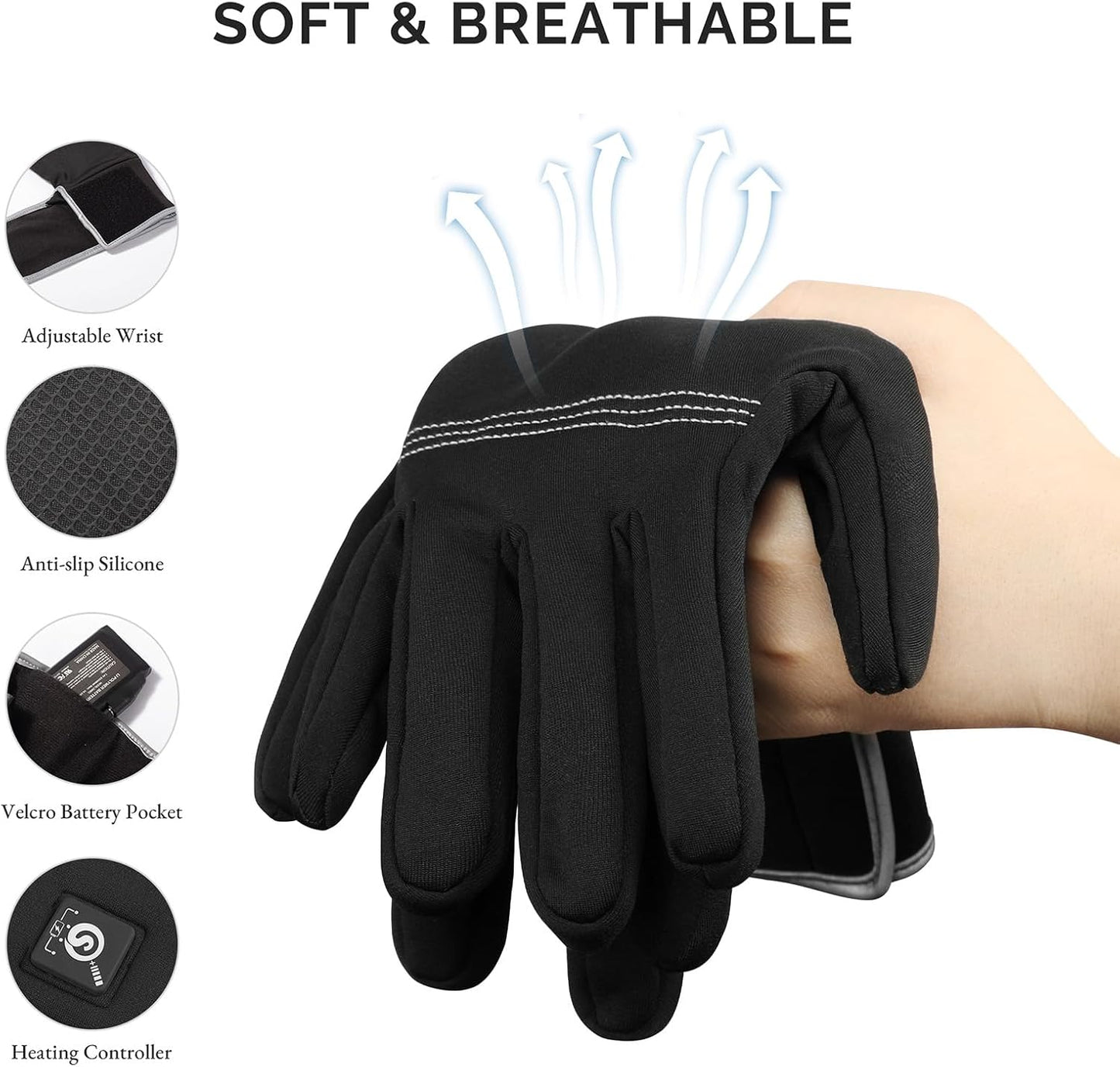 Heated Glove Liners for Men & Women, 7.4V 2200mAh Rechargeable Thin Gloves, 10s Fast Heating, (XXS)