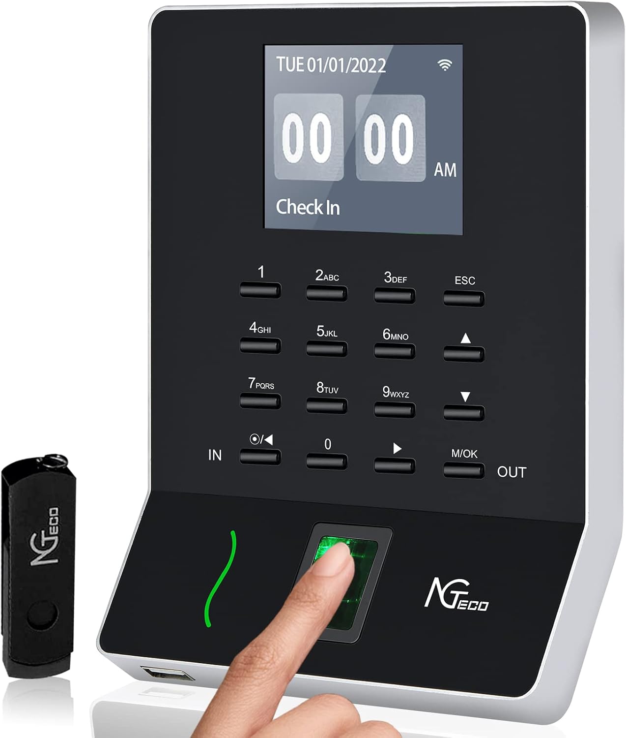 Fingerprint & PIN Time Clock for Small Business, with iOS/Android App, No Monthly Fee, 2.4GHz WiFi, Black