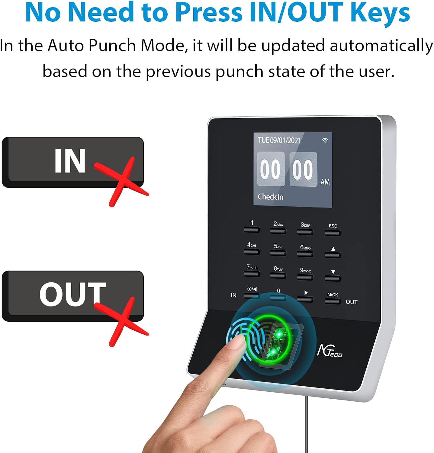 Fingerprint & PIN Time Clock for Small Business, with iOS/Android App, No Monthly Fee, 2.4GHz WiFi, Black