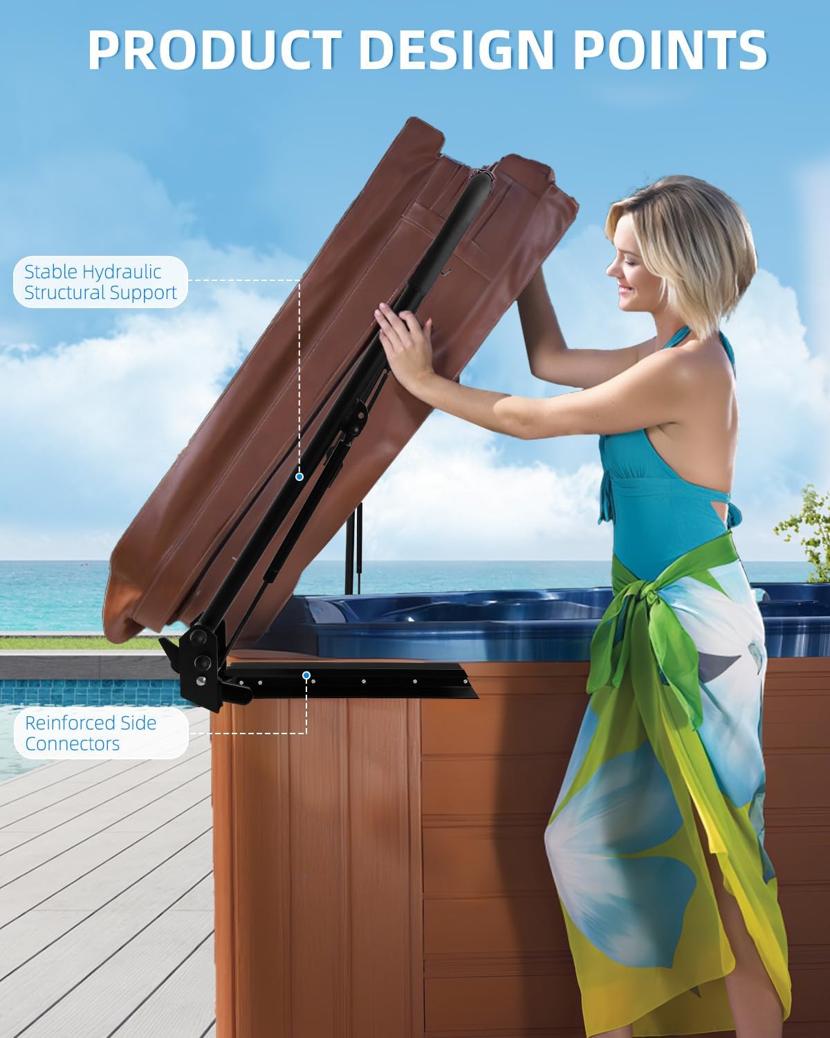 Hydraulic Hot Tub Cover Lifter, Dual-Coated Rust Resistant, Adjustable Reinforced Brackets, Fits 71'-97' W, 36'-46' H